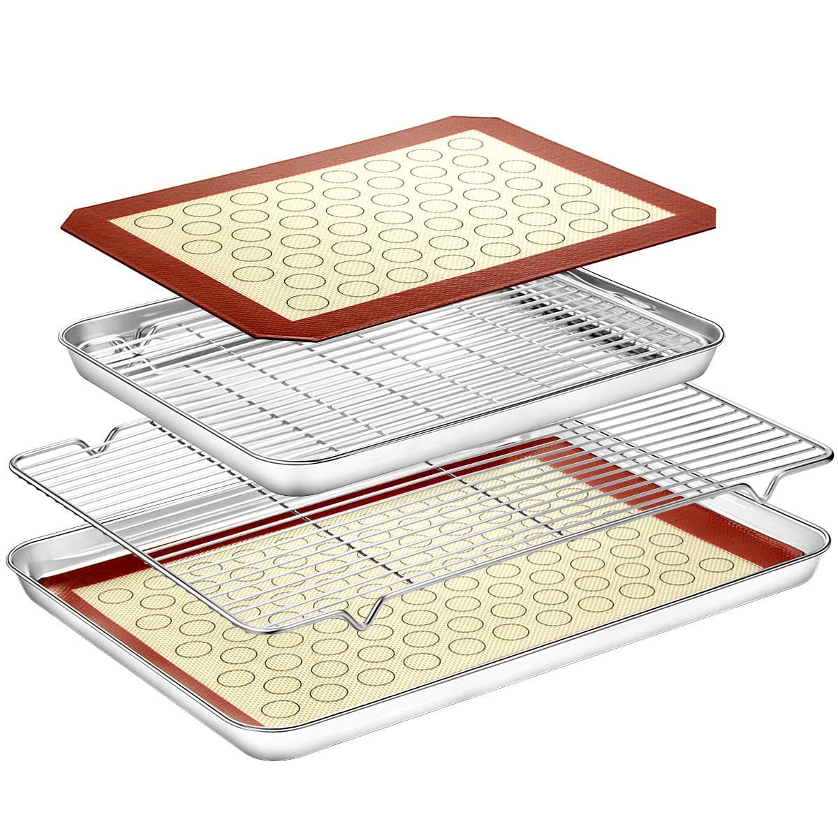 Baking Sheet with Baking Rack Mat Set (2 Sheets + 2 Mats + 2 Rack) - Estmoon Pure Stainless Steel baking Pan Tray Cooling Rack with Cookie Mat, Non Toxic & Easy Clean, Mirror Finish & Rust Free
