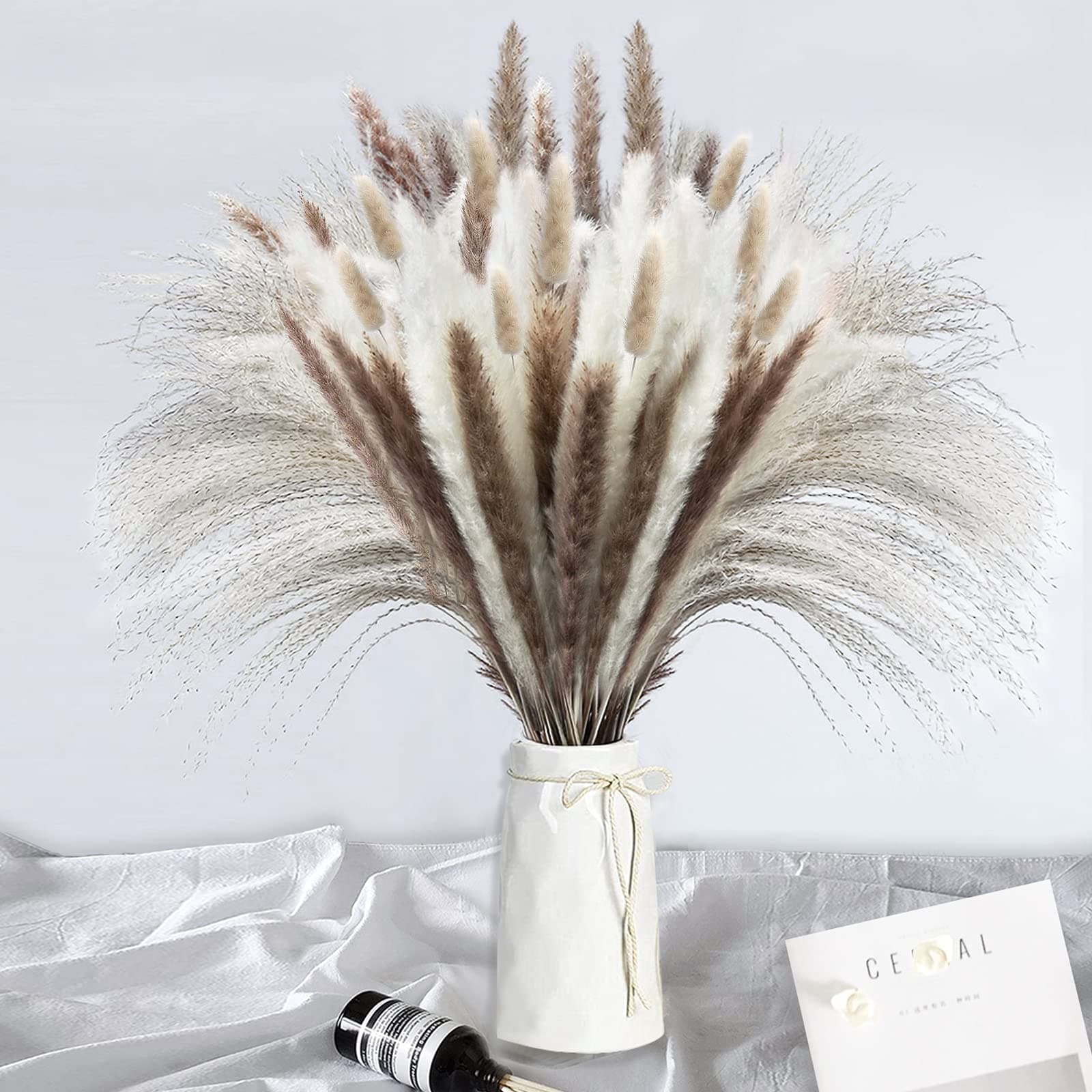 LUOHE Pampas Grass, Natural Dried Pampas Grass, Dried Flowers Bouquet Arrangements for Home Wedding Decor (17"/45cm Tall, B- Natural/WH Pampas+Natural/WH Reed+Bunnytail)