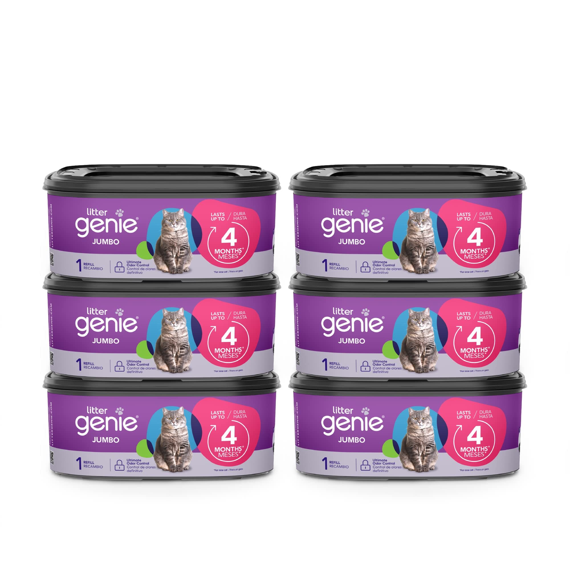 Litter Genie Refill Bags | Jumbo 6-Pack 168 total ft | Up to 24 months of supply in 6 cartridges | Ultimate Odor Control Cat Litter Bags