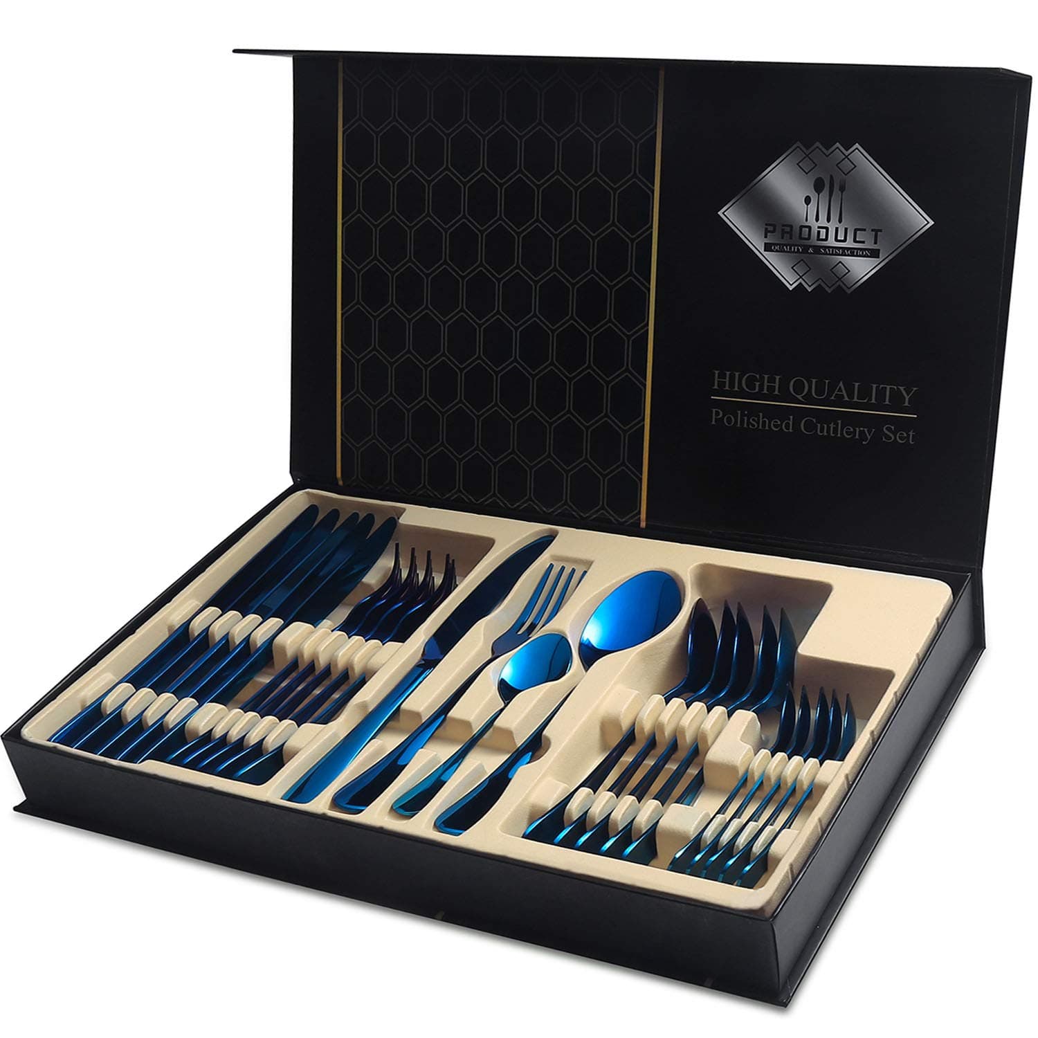 Blue Silverware Set&24-Piece Stainless Steel Flatware Service for 6, Mirror Finish Utensil Set with Gift Box, Kitchen Cutlery Tableware for Home Party Restaurant