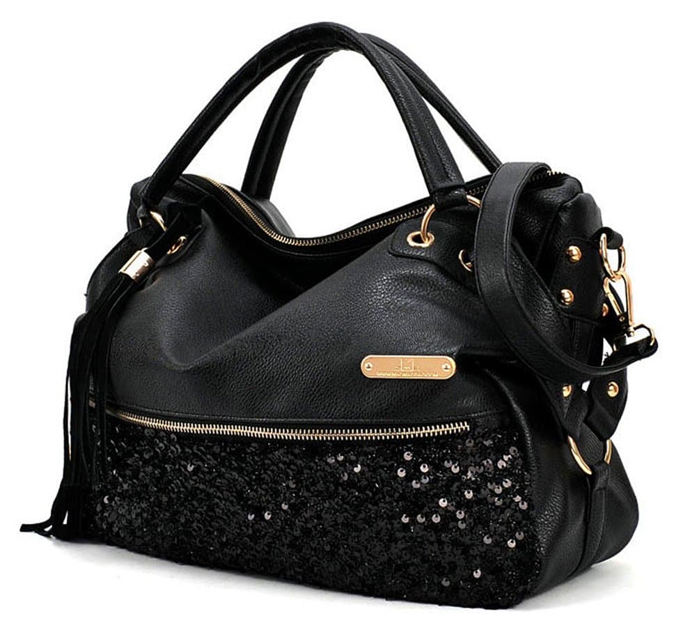World Trip Women Handbag Shoulder Bags Tote Purse PU Leather Women Messenger Hobo Bag (Black Sequins)