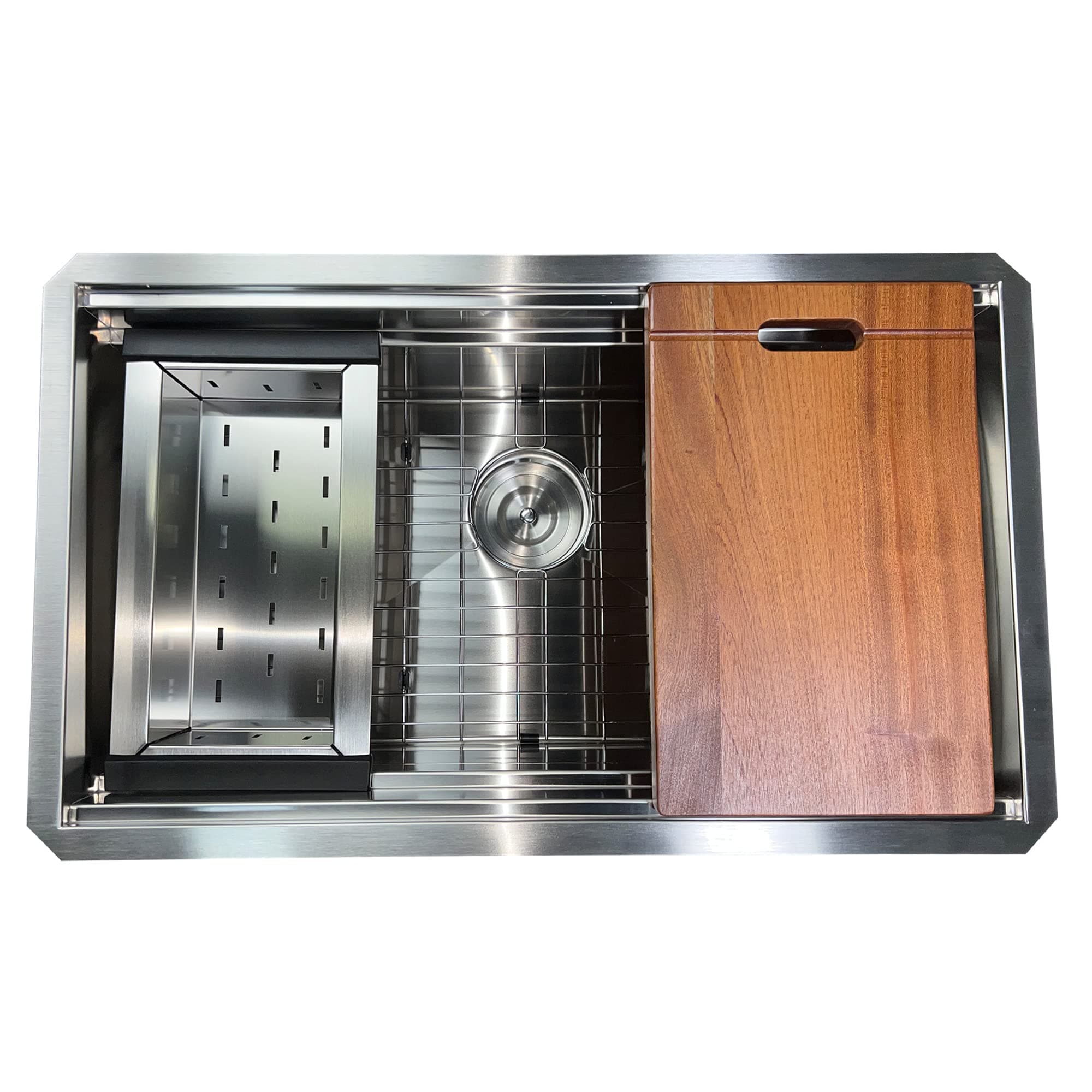 Kitchen Sink – 30" Stainless Steel Sink with Colander, Cutting Board & Drain, Undermount Rectangular Single Bowl – 16 Gauge Satin Finish 304 Steel, Easy Drain, Low Condensation