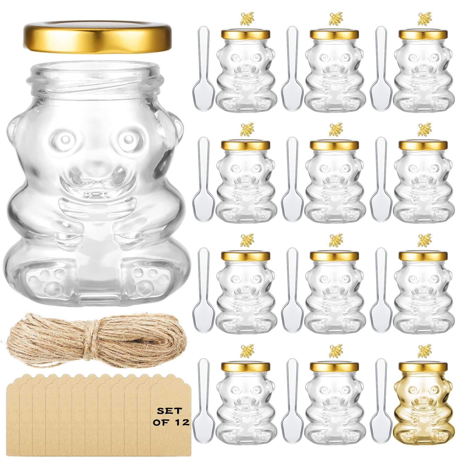 12 Pieces 4 oz Bear Shaped Glass Honey Jars Gold Lids Extra Gold Bee Pendants Clear Plastic Spoon Kraft Paper Tags Twine for Baby Shower Wedding Party Favors