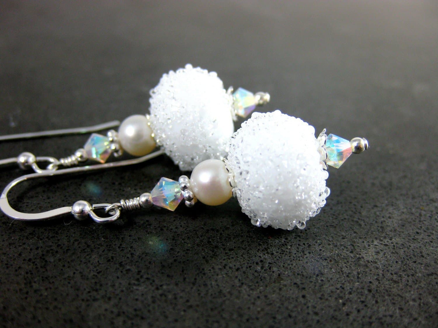 Snowball Glass Cultured Freshwater Pearl Crystal Dangle Earrings