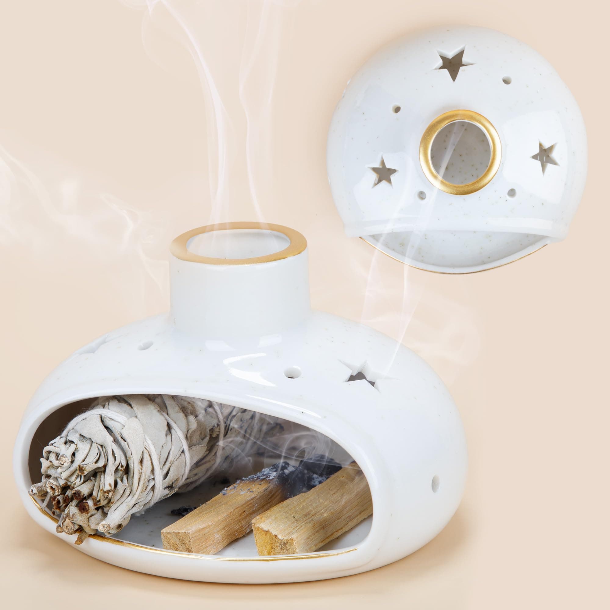 ZenBless3 in 1 Incense Holder for Palo Santo Sticks Sage Bundles Cone Incense, Handcrafted Ceramic Incense Burner Holder Ash Catcher with Chimney, Smudge Bowl for Yoga Meditation Room Home Decor