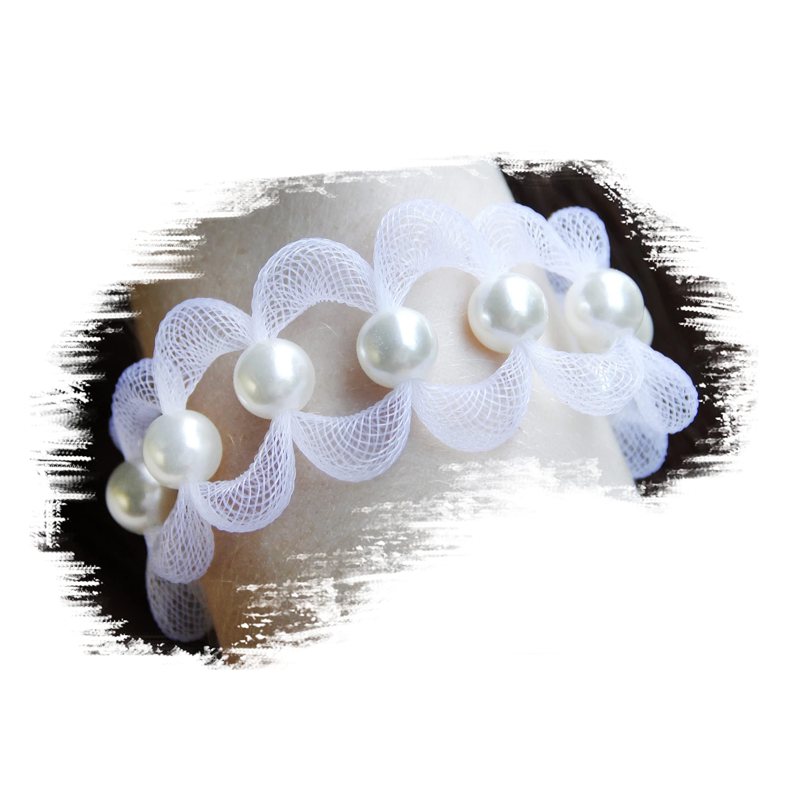 Beades Bracelet for Women White - Beaded Bracelets for Teen - White Fashion Bracelet - Wide White Bangle Bracelet for Teens - Jewelry Thick Bracelet - Jewelry Net and Big Pearl Beads