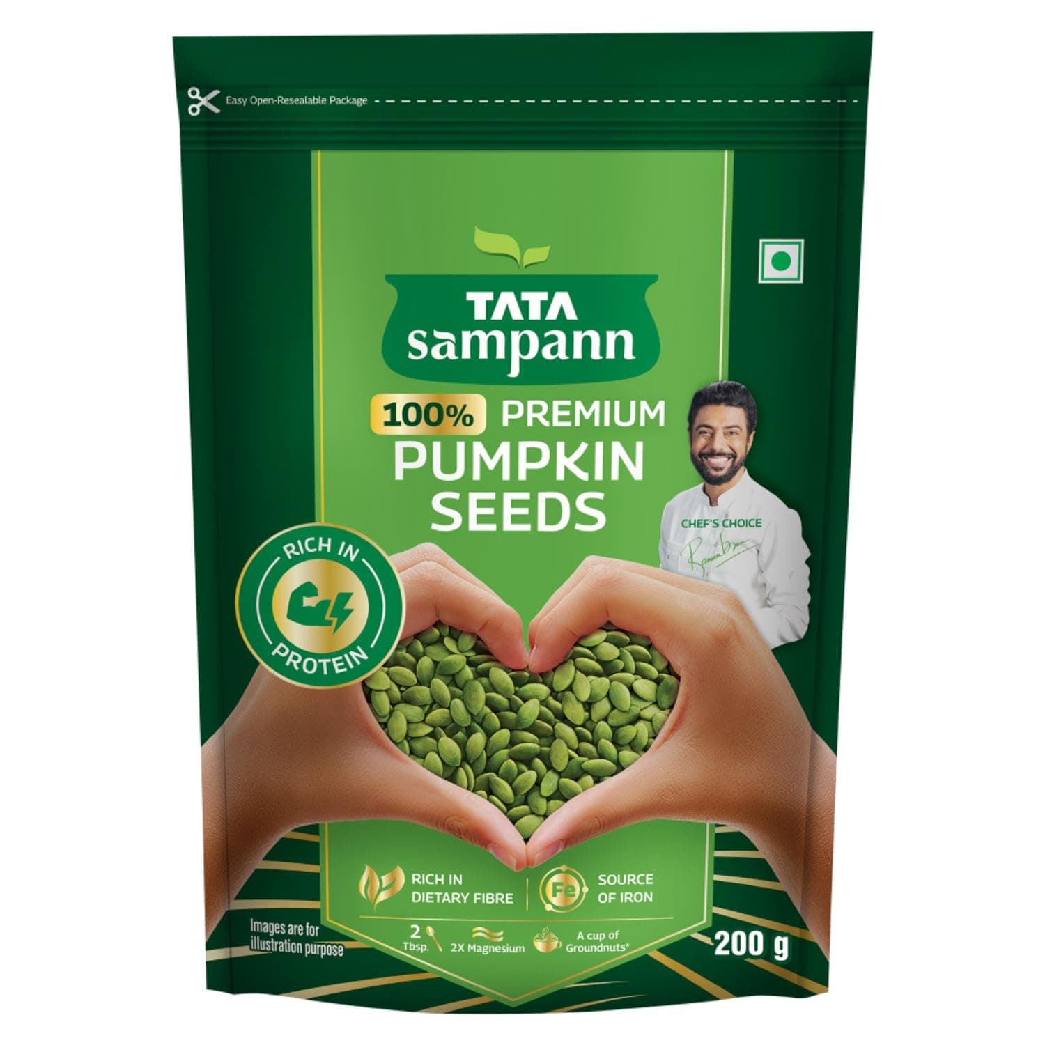 Tata Sampann Pumpkin Seeds, 200g, Rich in Protein, Dietary Fibre, Magnesium & Phosphorus, Raw & Unroasted Pumpkin Seeds, Source of Iron & Zinc, Handpicked Seeds, Resealable Pack