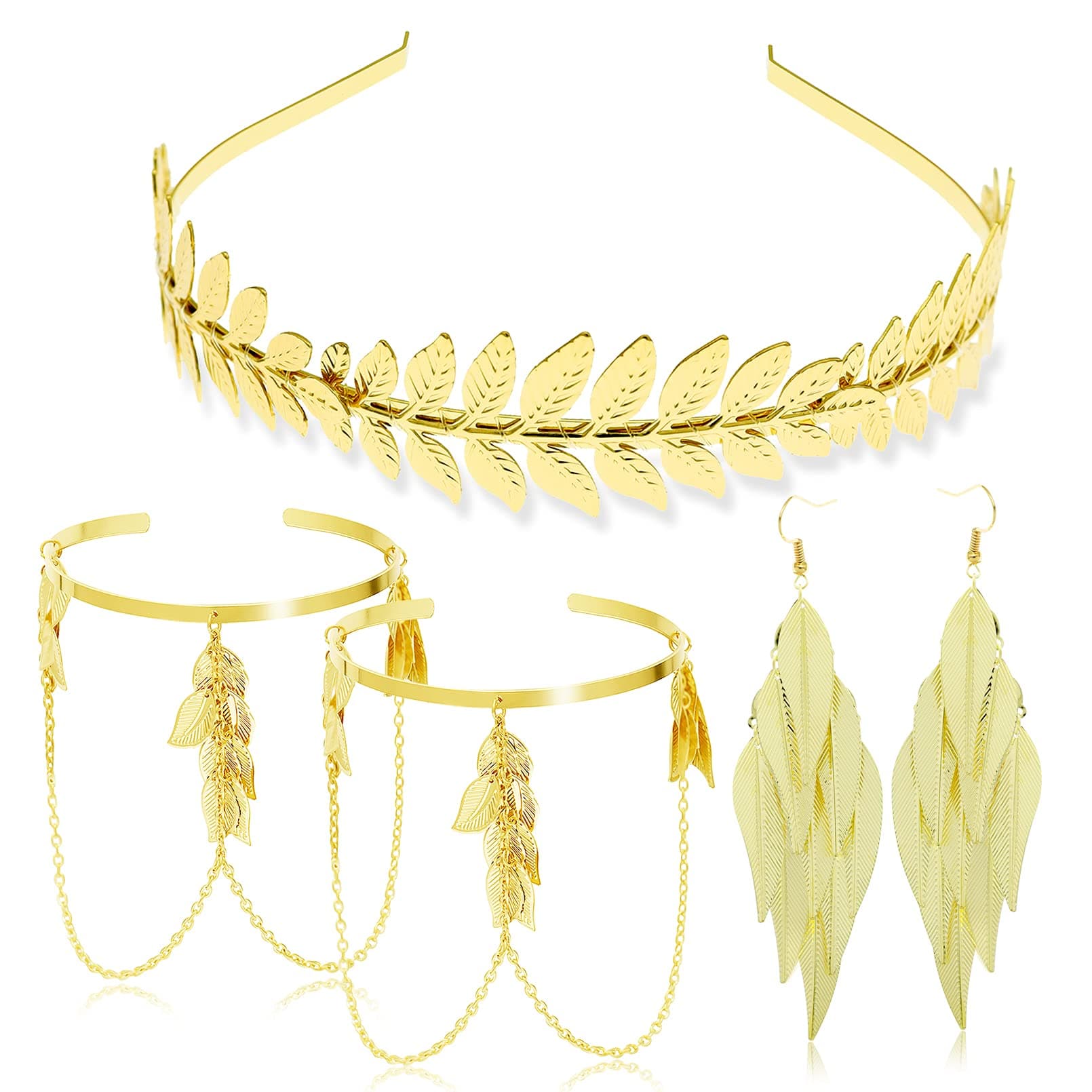 4 Pieces Grecian Goddess Leaf Laurel Costume Accessories Set Roman Toga Party Headband Upper Arm cuff Bracelet Band Earrings Jewelry Women Golden