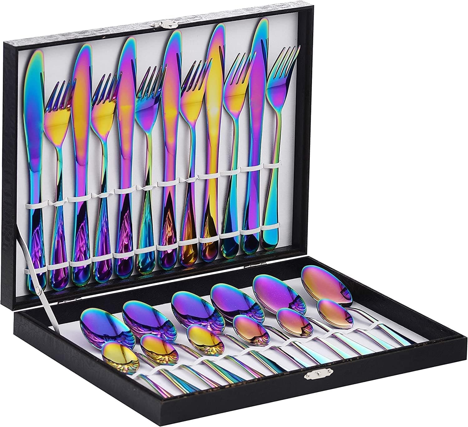 Velaze Cutlery Set for 6 People, Rainbow Cutlery Made of Stainless Steel, 24-Piece Colourful Cutlery Set with Gift Box for Family, Hotels, Restaurants, Mirror Polished & Dishwasher Safe