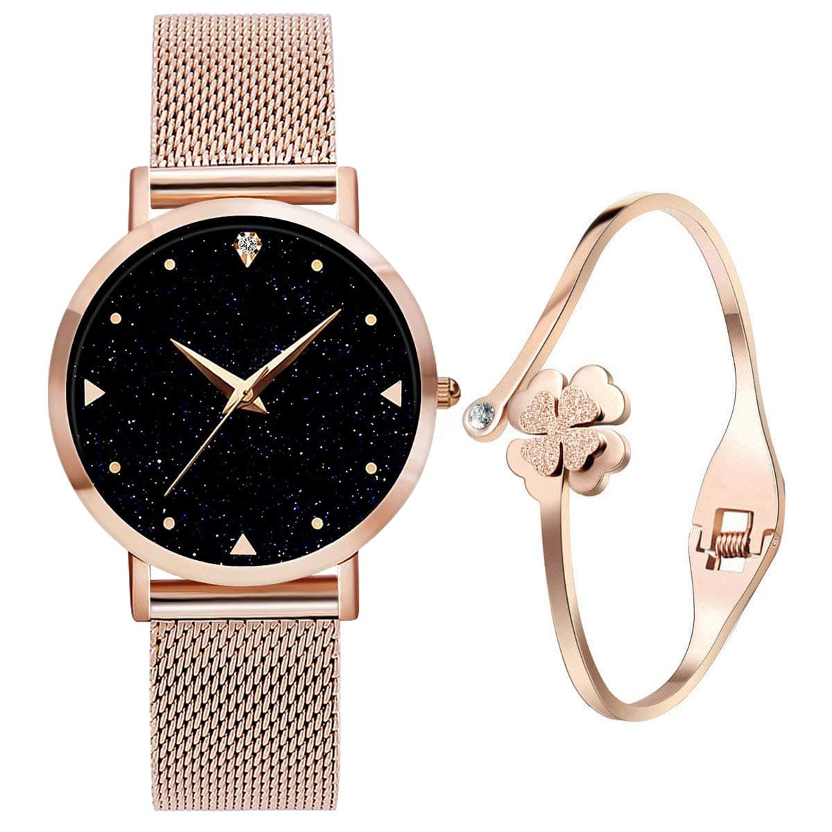 UEOTO Ladies Watches with Bracelet, 3ATM Waterproof Analogue Quartz Watches with Rose Gold Stainless Steel Mesh Strap for Women, Lady Wrist Watch with Blue Elegant Starry Sky Dial