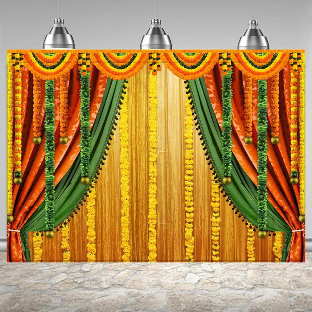 India Pooja Photography Backdrop Puja Ganpati Pooja Traditional Mehndi Festival Background Decorations Wedding Party Marigold Garlands Photo Props 6x4ft