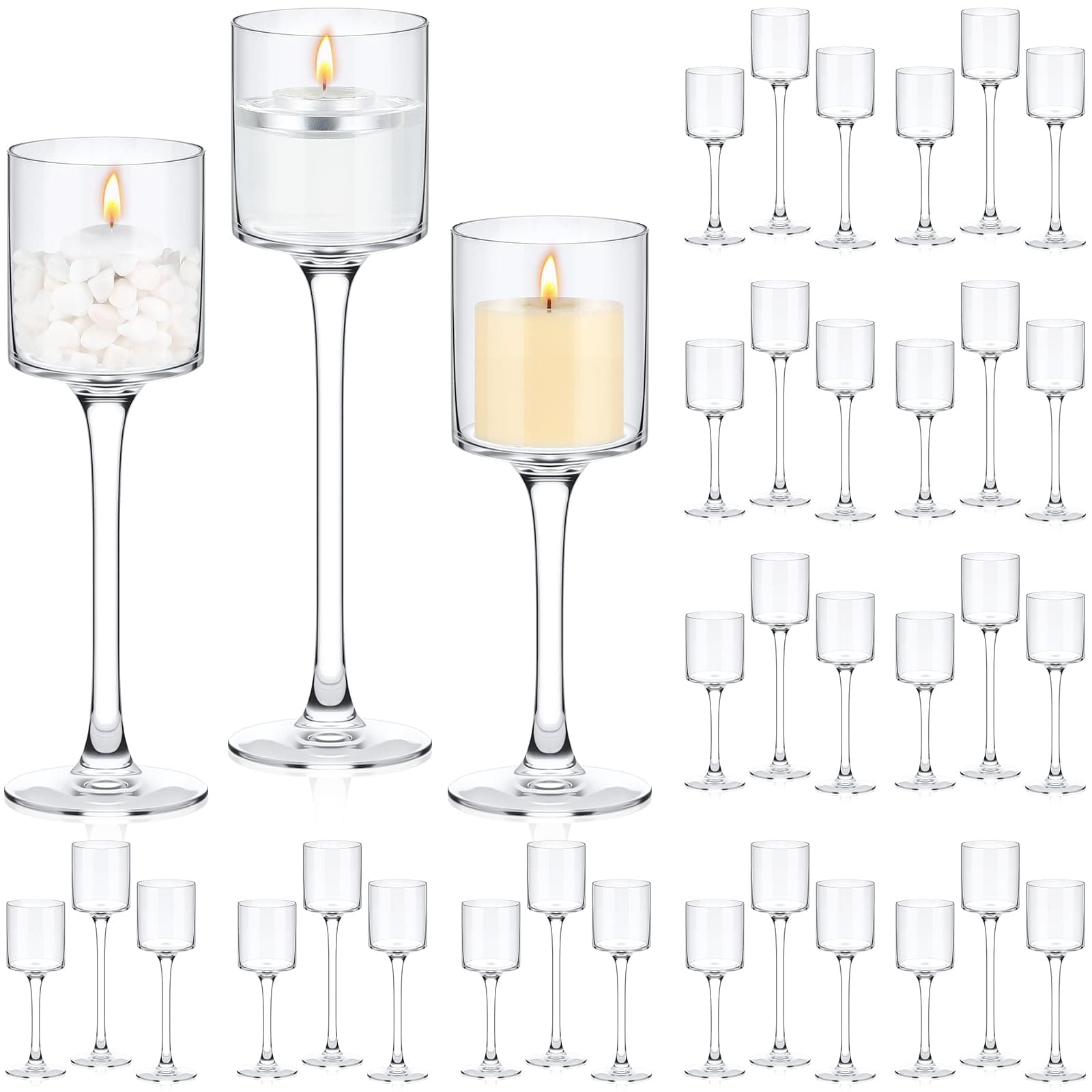 Yaomiao 36 Pcs Tall Glass Candle Holder Floating Candles for Centerpieces Clear Tall Tea Light Candleholders for Wedding Party Dining Bathroom Table Pillar Settings, 3 Sizes 7.87"& 9"& 10.2" H