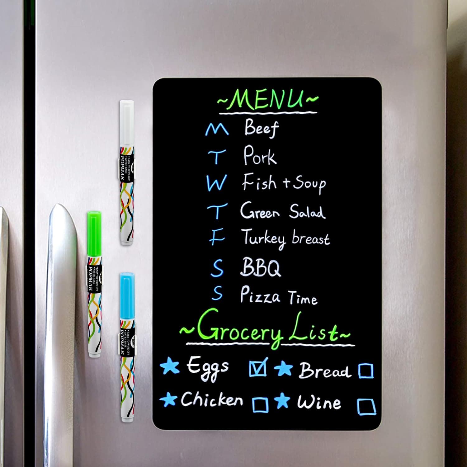 CUHIOY Magnetic Dry Erase Black Board Sheet for Fridge 12x8''- Magnetic Chalkboard for Refrigerator with Stain Free Easy Clean Surface - 3 Chalk Markers and Eraser - Fridge Grocery List Magnet Board