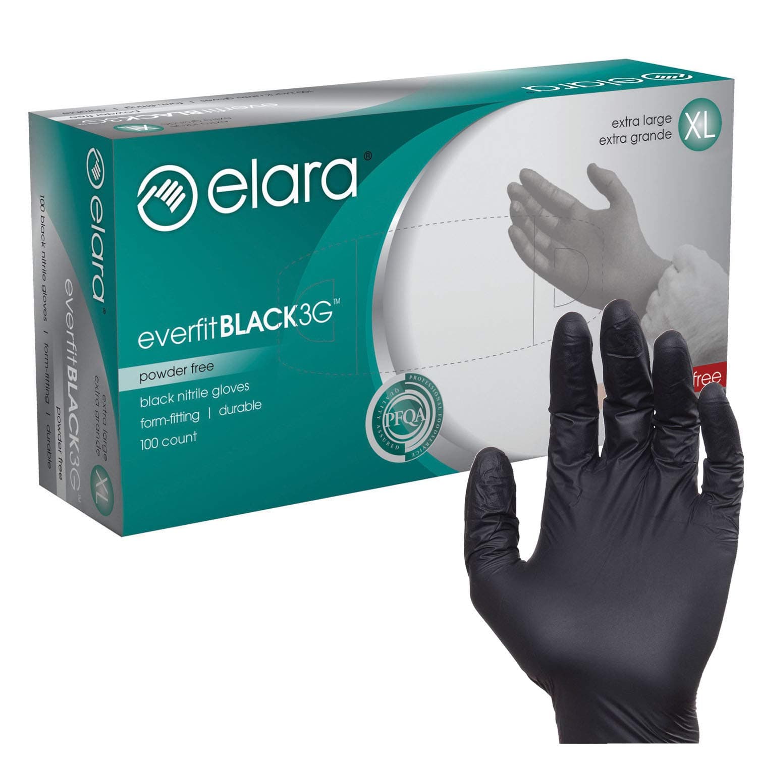 Elara FNE304BK EverfitBLACK3G Nitrile Disposable Gloves, 3 mil, Black, Powder Free, Food Safe, Not Made with Natural Rubber Latex, Size X-Large, Box of 100 (FNE304BK-100)