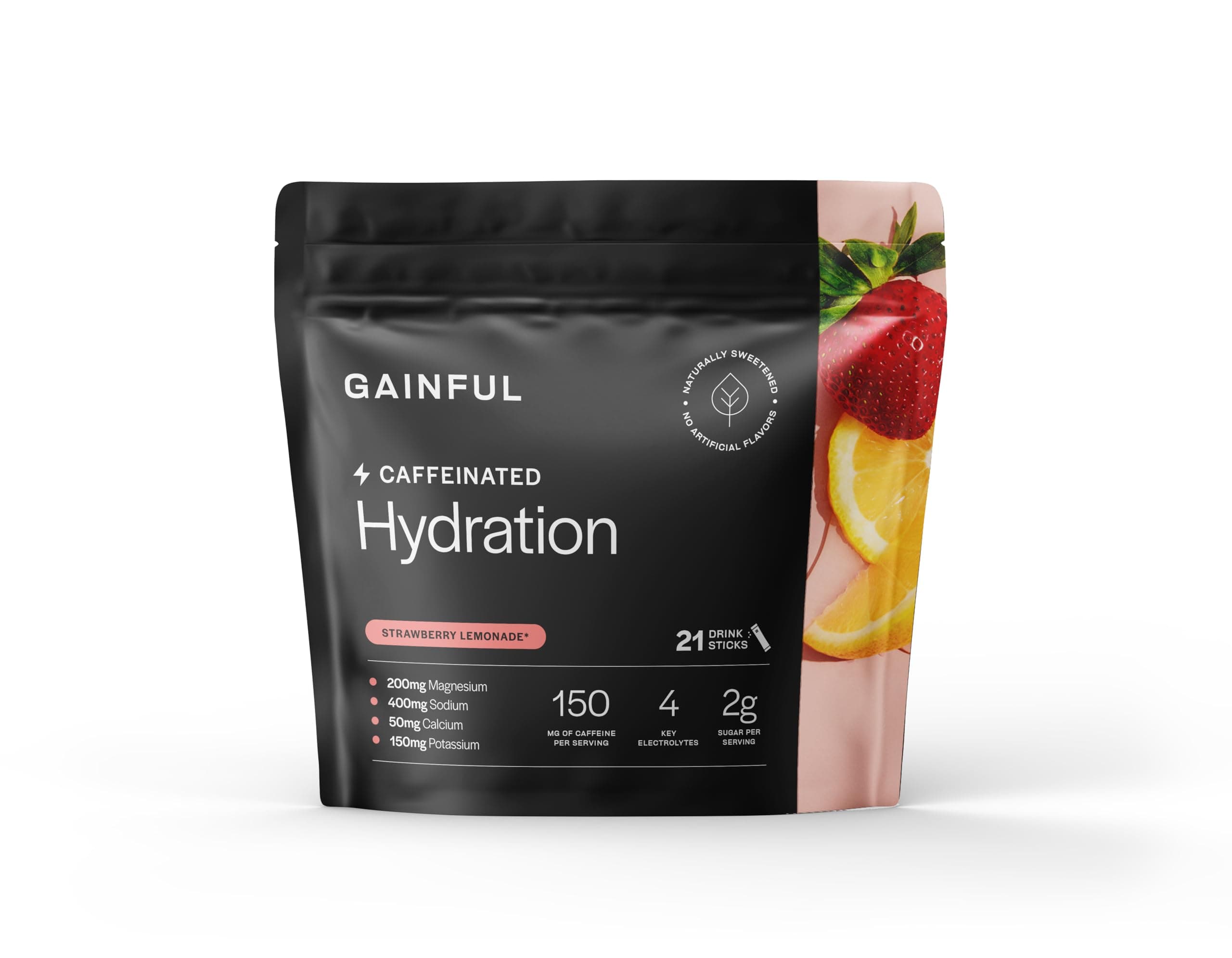 Gainful Hydration + Caffeine Powder Packets with Key Electrolytes Magnesium & Sodium + L Theanine, Low Sugar Drink Mix, Strawberry Lemonade, 21 Sticks