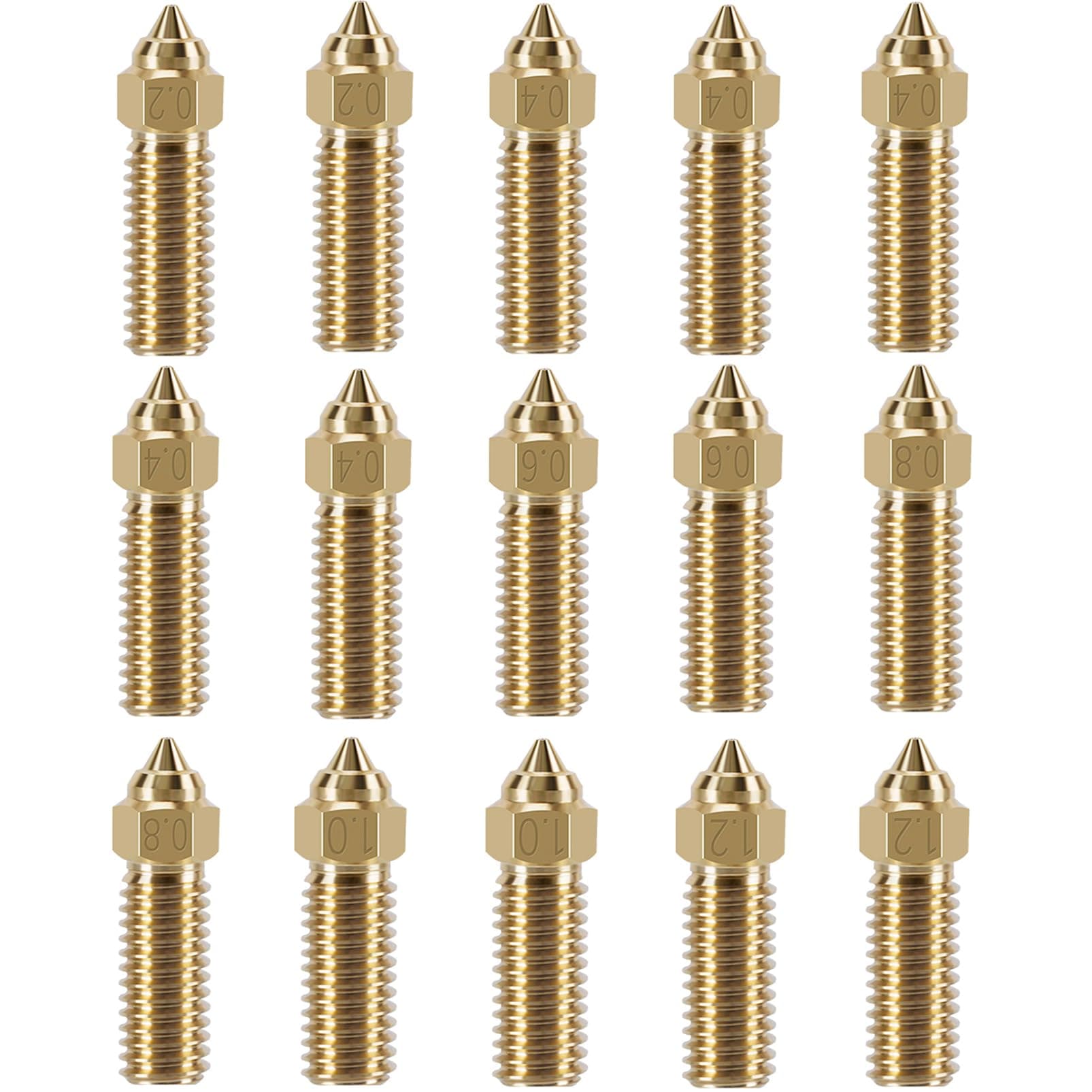 15 pieces K1 brass nozzle set, 3D printer high speed 5 pieces 0.4 mm nozzles and 2 pieces 0.2 mm, 0.6 mm, 0.8 mm, 1.0 mm, 1.2 mm nozzle set for K1, K1 max, Ender 3 V3 KE, CR-10 SE