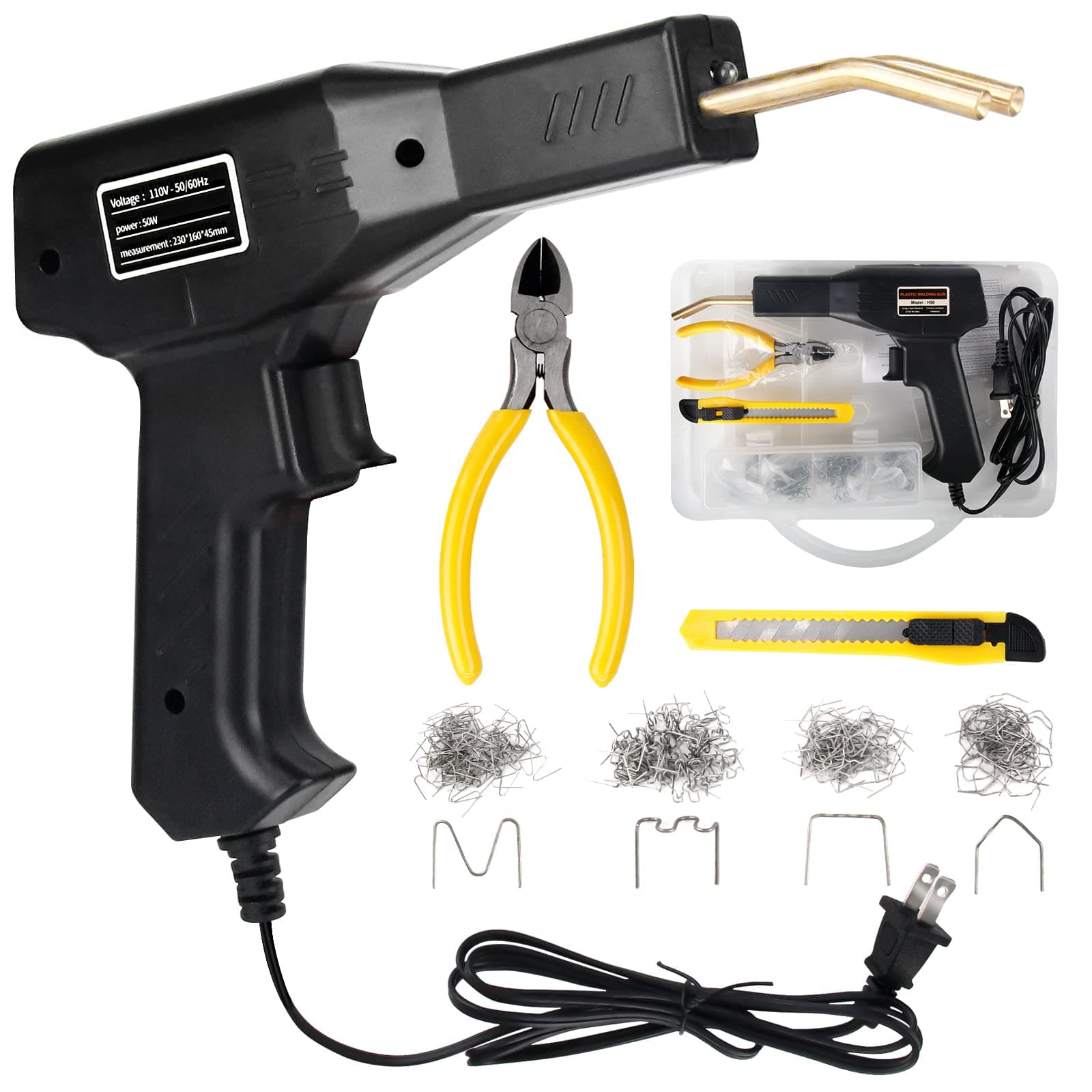 50W Plastic Welder,Hot Stapler Plastic Welding Machine,Handy Hot Staple Gun Car Bumper Repair Kit,Bodywork Fender Fairing Welding Systems Include 4 Types Hot Wave Flat Staples (Black)