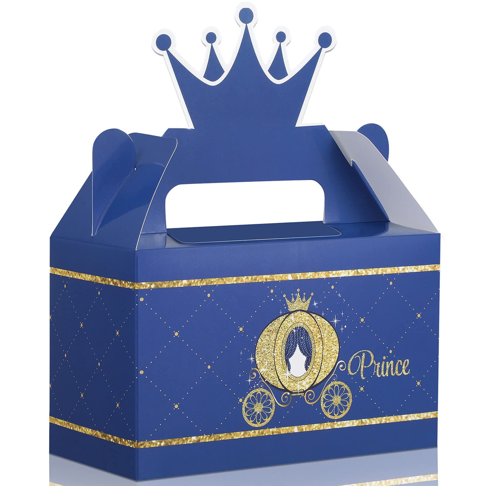 Prince Party Crown Treat Box Blue and Gold Candy Goodies Box Party Supplies for Baby Shower Boy Birthday Decorations, 5.95 x 3 x 7.5 Inch (12 Pieces)