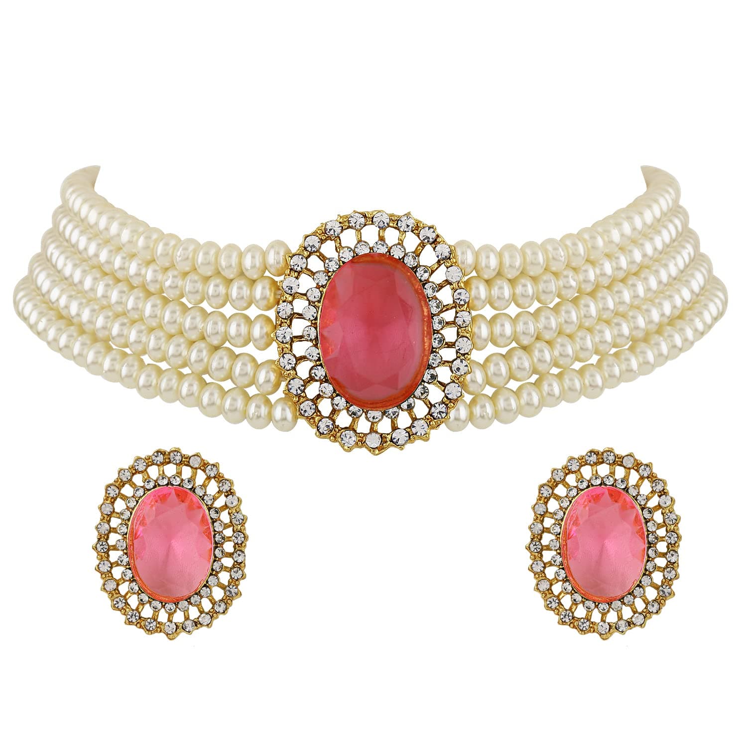 18k Gold Plated Latest Stylish Fancy Choker Traditional Pearl Necklace Jewellery Set for Women