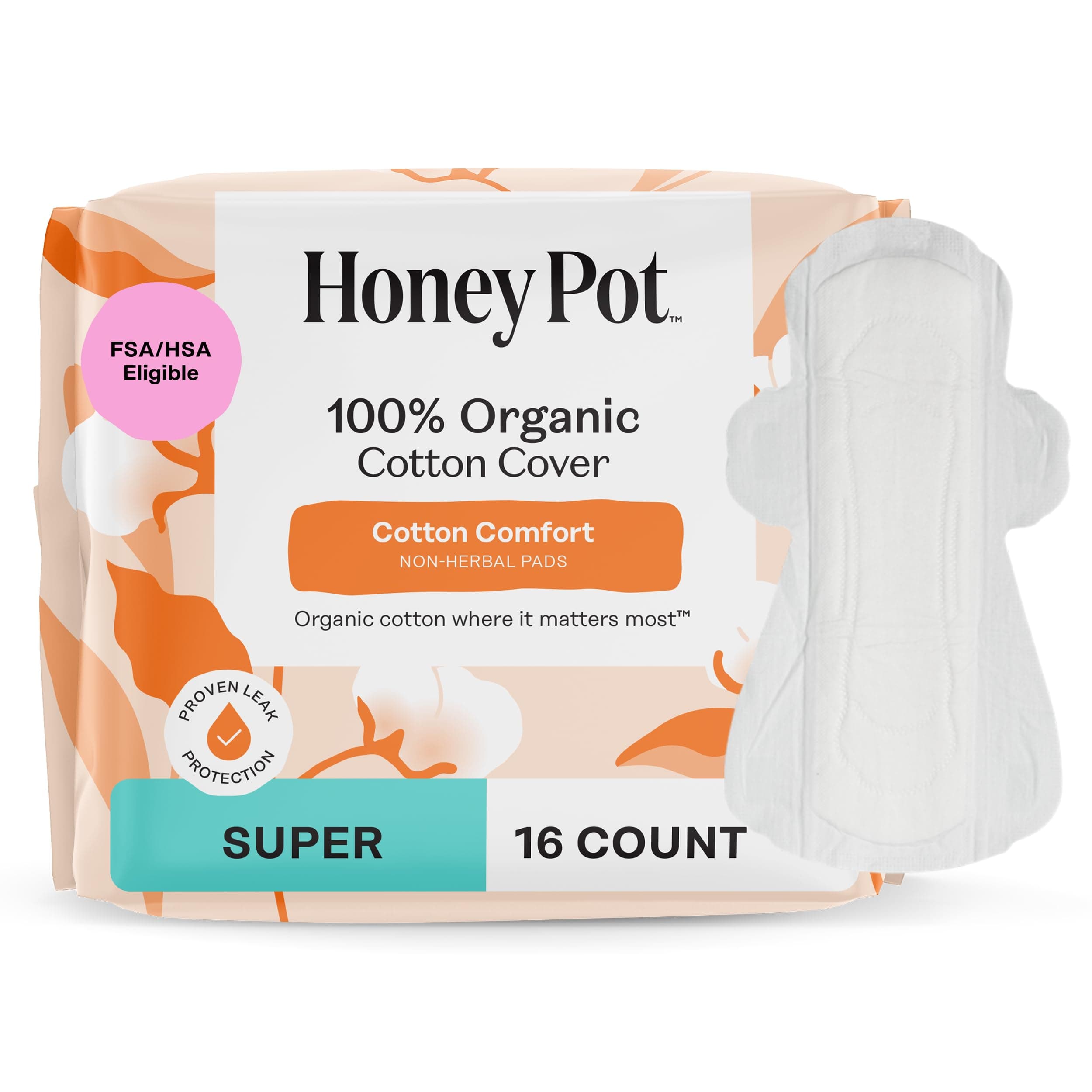 The Honey Pot Company - Sanitary Pads for Women - Non-Herbal Super w/Wings - Organic - Cotton Cover & Ultra-Absorbent Pulp Core - Feminine Care - 16 ct