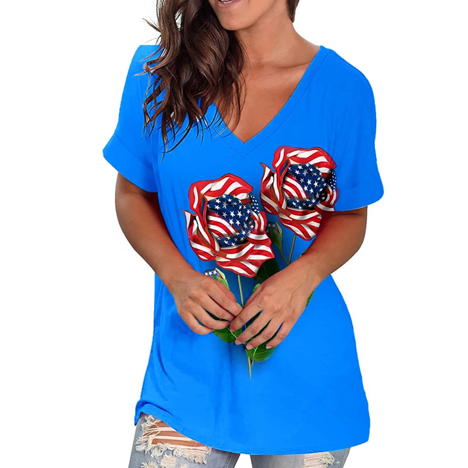Ceboyel Women American Flag T Shirts V Neck Lace Sleeve Blouses USA Patriotic Tunic Tops July 4Th Ladies Dressy Outfits 2023