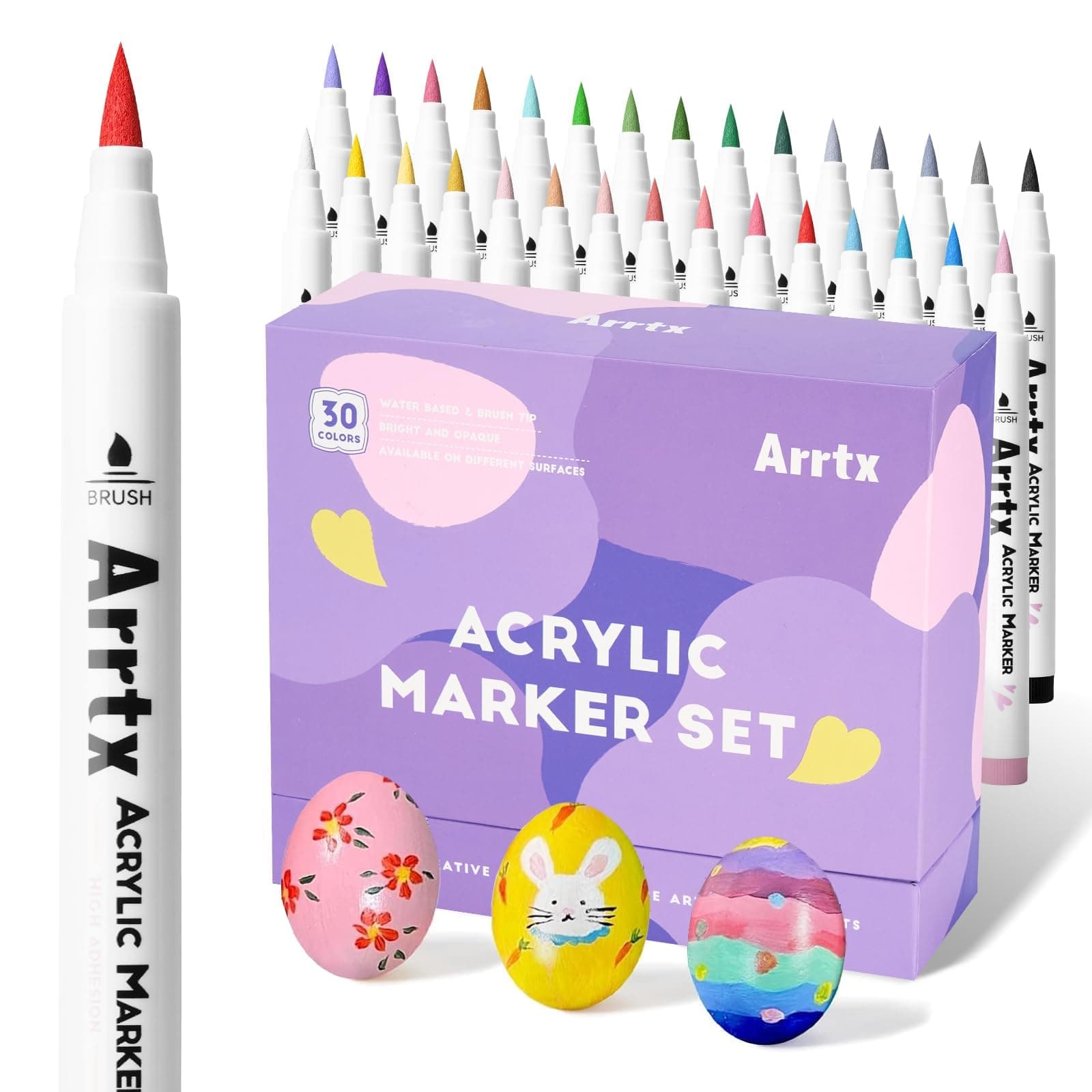 30 Colors Acrylic Paint Pens for Rock Painting, Extra Brush Tip, Water Based Paint Markers for Stone, Glass, Easter Egg, Wood and Fabric Painting-No Toxic,No Odor