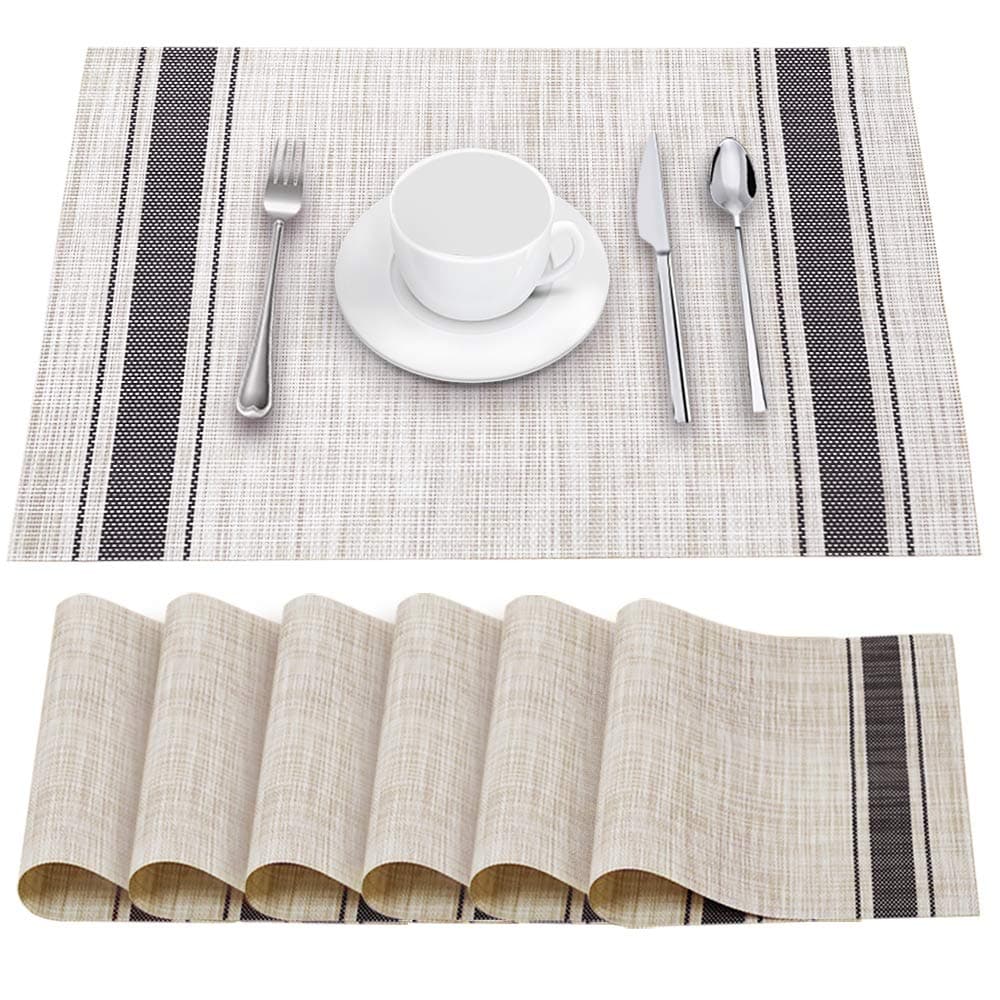 Table Mats Set of 6 Crossweave Woven Vinyl Placemats Heat Resistant Non-Slip Kitchen Placemats for Dining Table Washable Easy to Clean(Grey)
