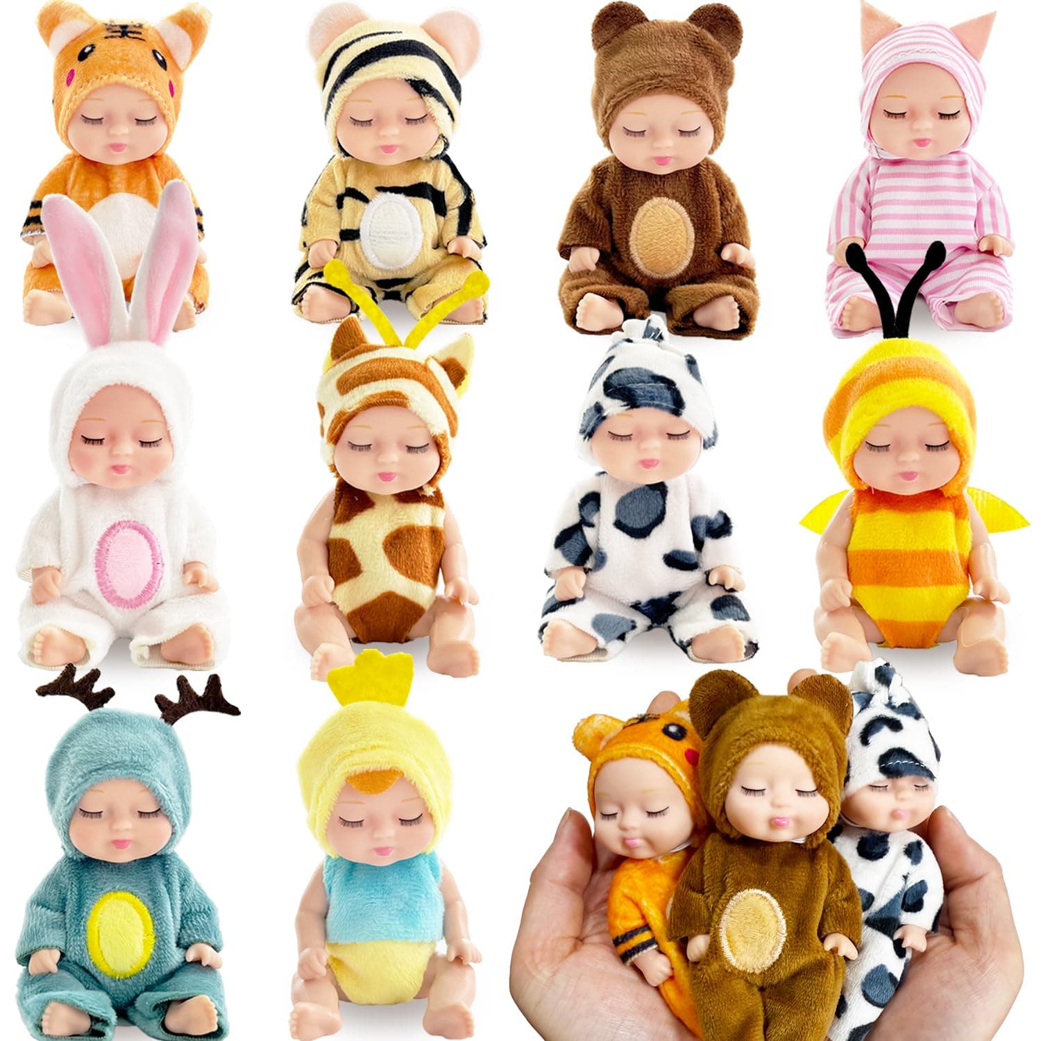 Haawooky 10 Pcs Mini Baby Dolls,4 inch Lifelike Realistic Baby Dolls with Animal Clothes,Cute Small Baby Doll for Girls Kids Easter Basket Valentine Birthday