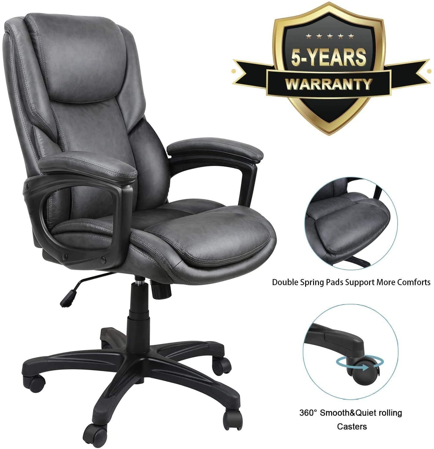 Komene Luxurious Executive Office Chair, High-Back Leather Computer Desk Chairs with Flexible Rocking System and Thickened Armrests with Padded, Dark Grey