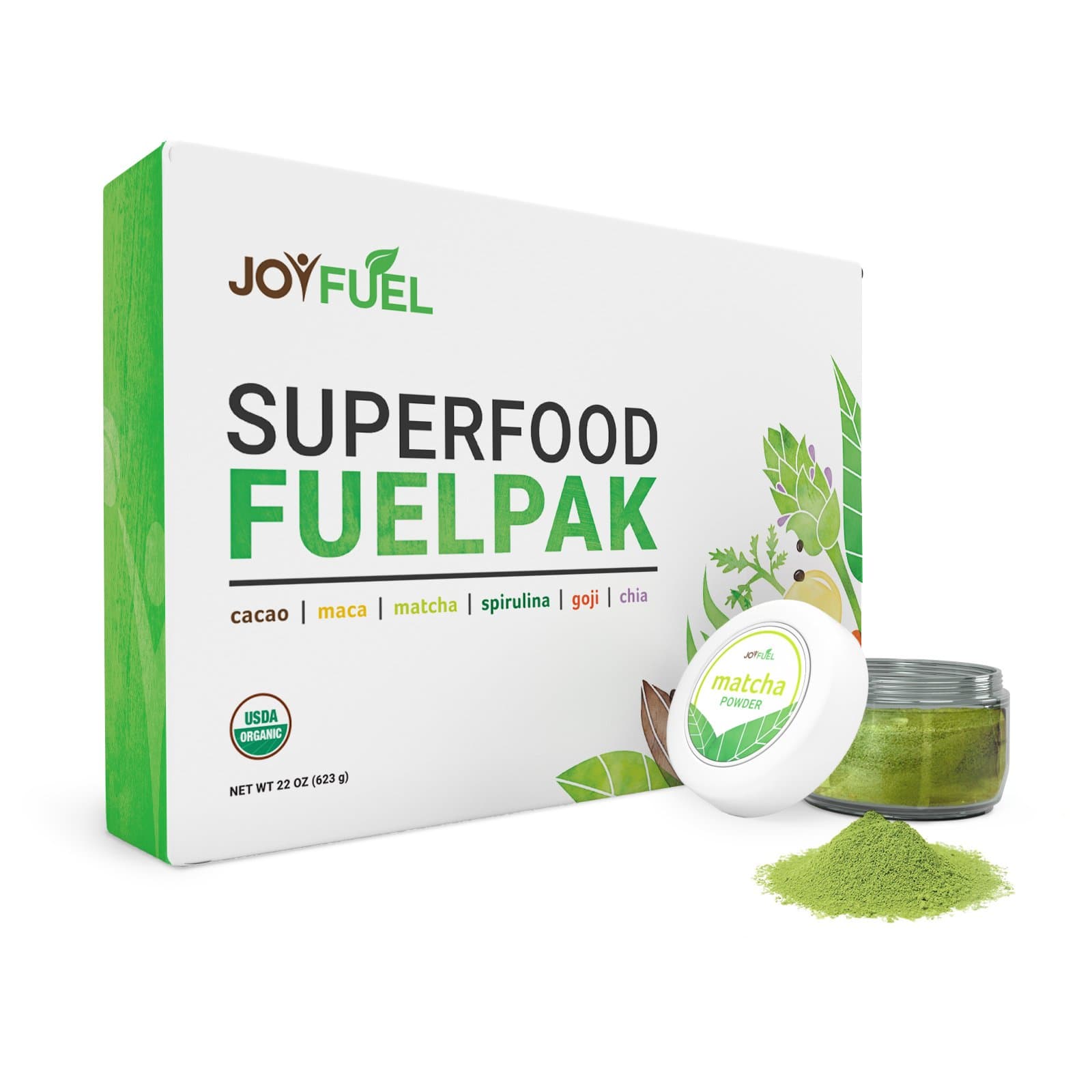 6 Organic Superfoods Kit - Cacao Powder, Matcha Powder, Maca Powder, Spirulina Powder, Goji Berries, Chia Seeds - eRecipe Book & Coupon (100 servings)