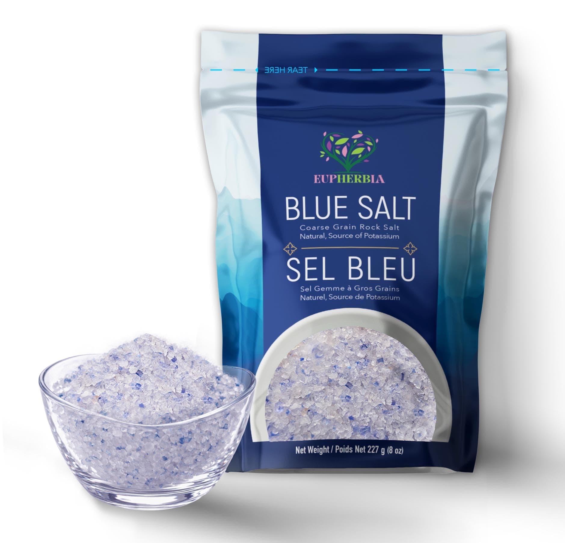 EUPHERBIA Blue Salt, Coarse, Rare Mineral Salt, High Potassium, Lower Sodium, Natural, Unprocessed, Hand Harvested, Kosher Certified, 8 oz (227 g)