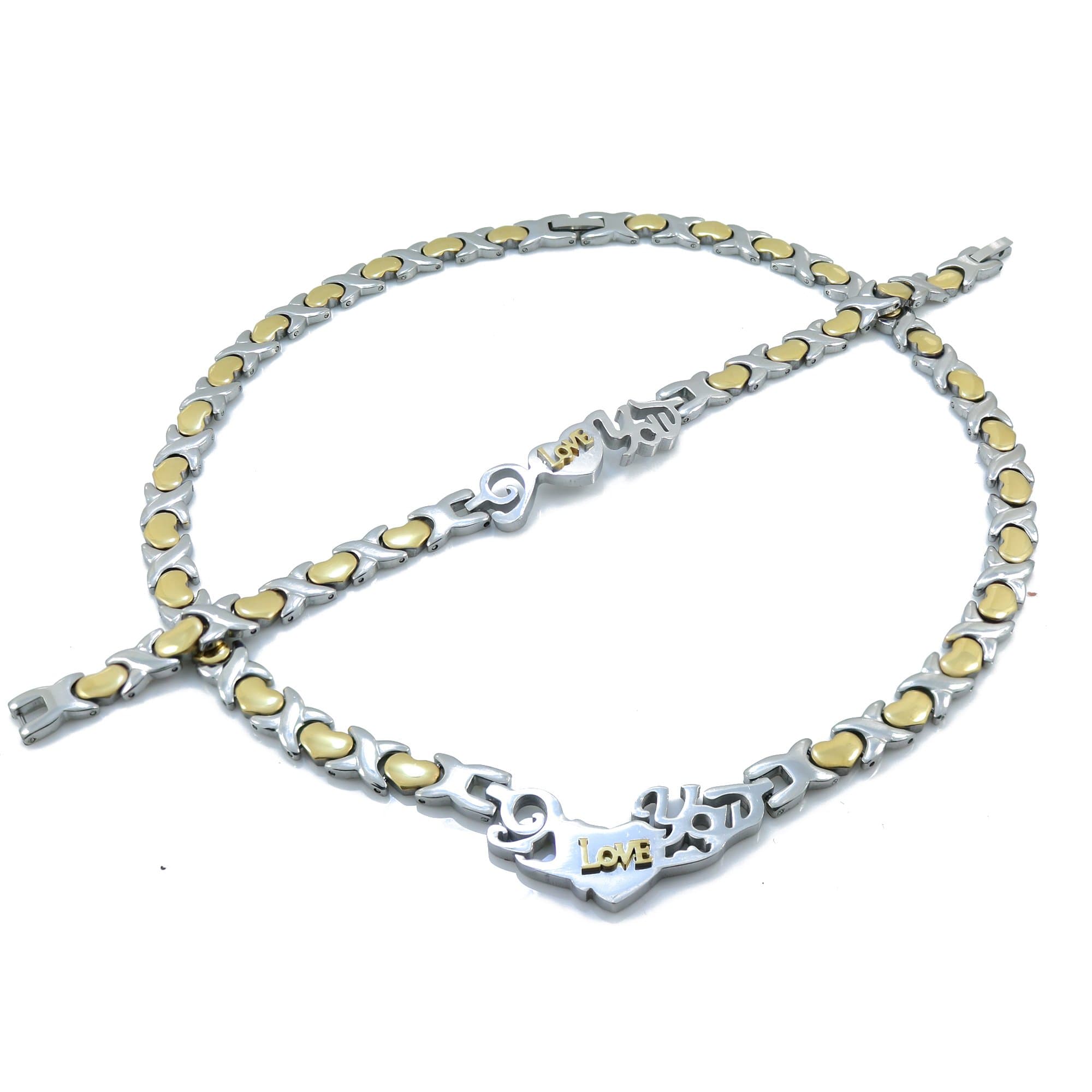 2 Tone I Love You Hugs and Kisses Necklace and Bracelet Set Heart Style