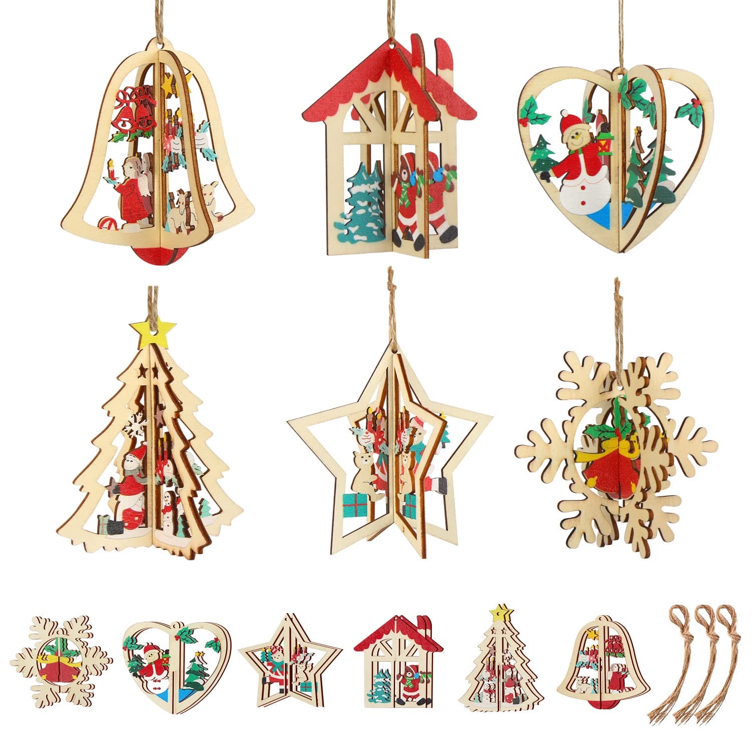 DIYASY3D Christmas Wooden Ornaments, 6 Pcs Christmas Wooden Hanging Pendants with String, Wooden Christmas Tree Hanging Ornaments