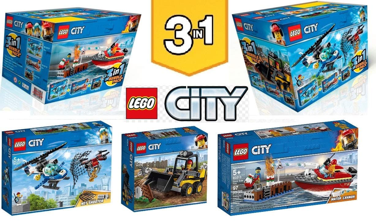 LEGO City 3 In 1 Triple Bundle Pack 66643 - Sky Police Drone Chase 60207 + Dock Side Fire Boat 60213 + Construction Loader 60219.