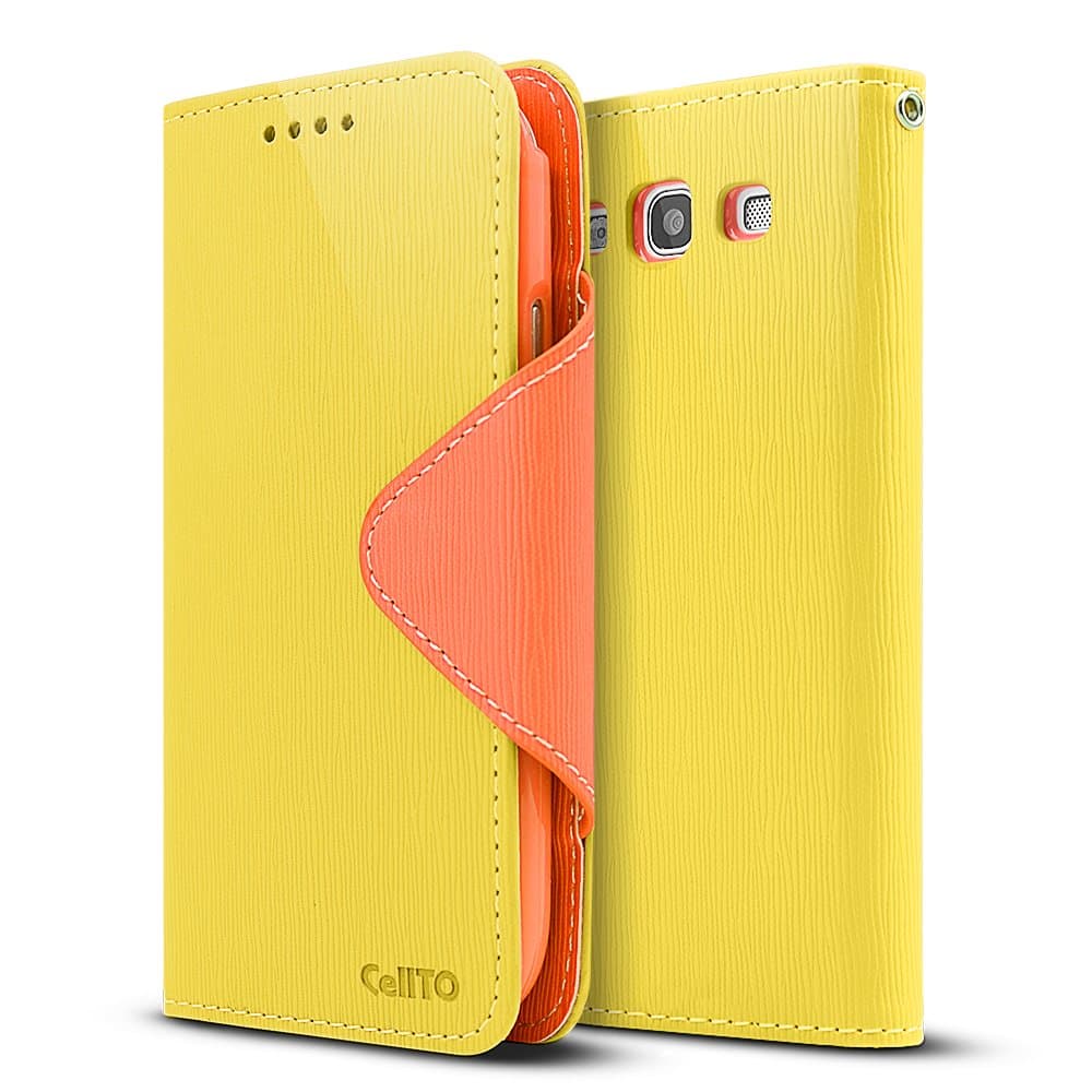Exclusive Cellto Italian Samsung Galaxy S3 Case Synthetic Leather Diary Flip Case w/ID Slots & Bill Fold - Yellow