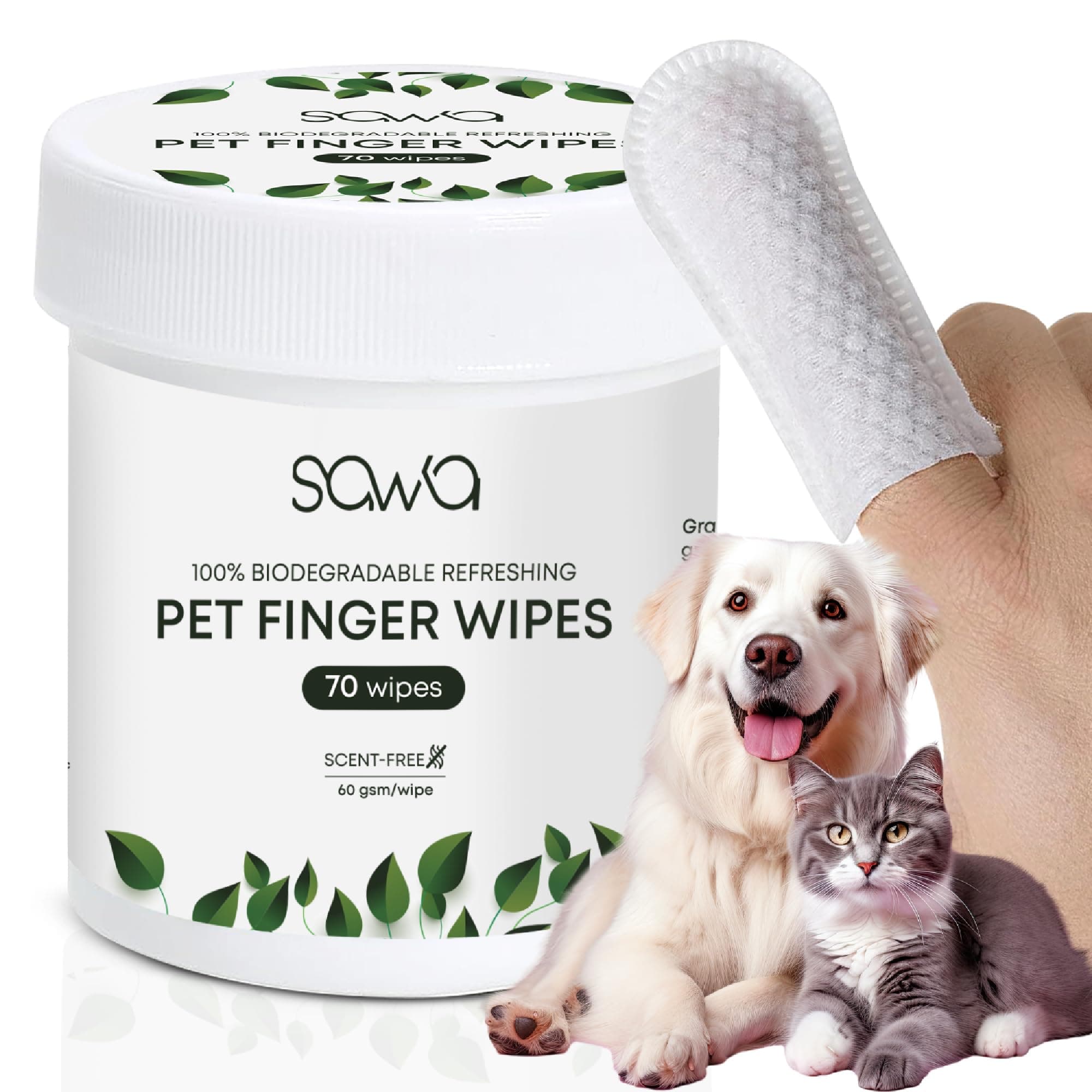 SAWA Teeth & Ear Cleaning Wipes for Dogs & Cats, Remove Bad Breath by Removing Plaque and Tartar Buildup No-Rinse Dog Finger Toothbrush, Disposable Gentle Cleaning & Gum Care Pet Wipes (70 Pcs)