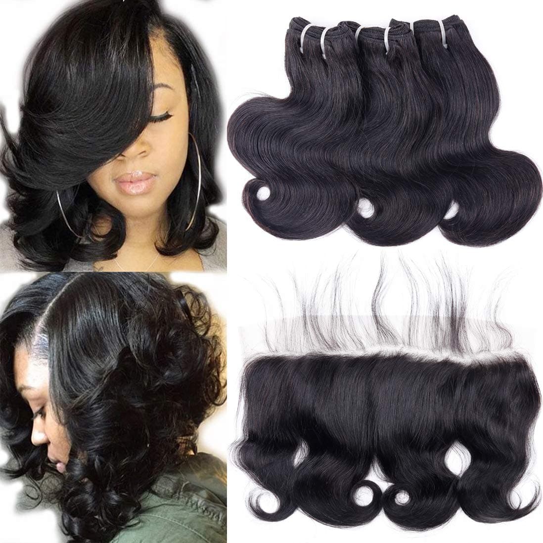 10A Body Wave Bundles with Frontal Human Hair Bundles with Lace Frontal (10/10/10+10 Inch, Natural Black) Short Peruvian Body Wave Hair Ear to Ear 13x4 Frontal Closure with 3 Bundles