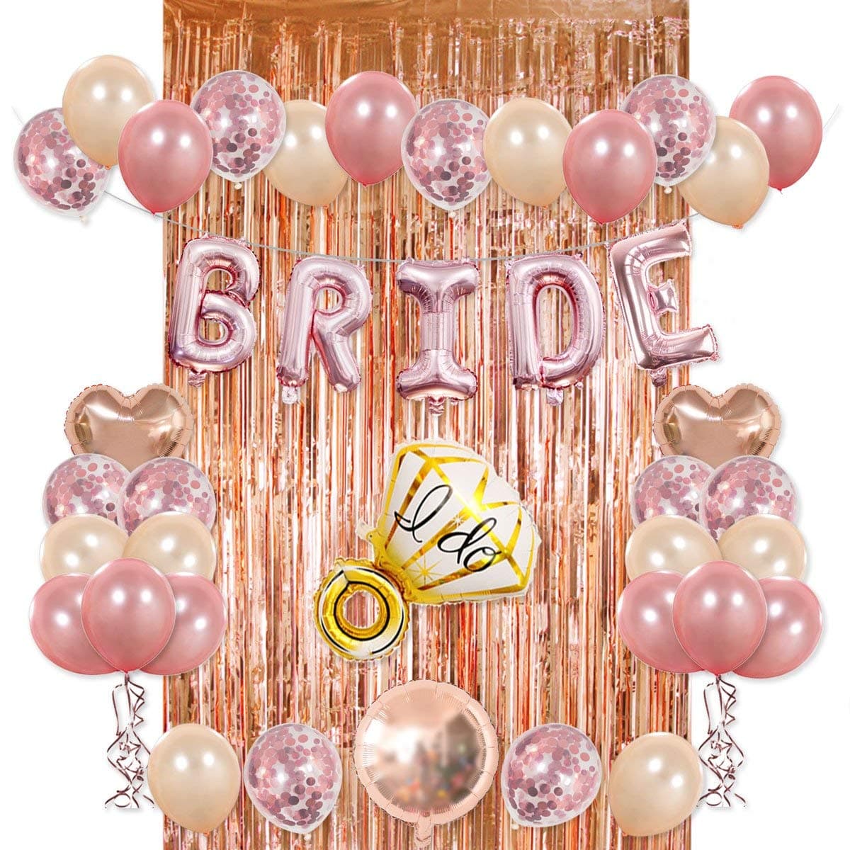 Bride Party Decorations Kit- Rose Gold Foil Fringe Curtain, 20 Latex Balloons, 10 Confetti Balloon, Bride and Ring Heart Round Mylar Balloons for Bachelorette Bridal Shower Party Supplies-s