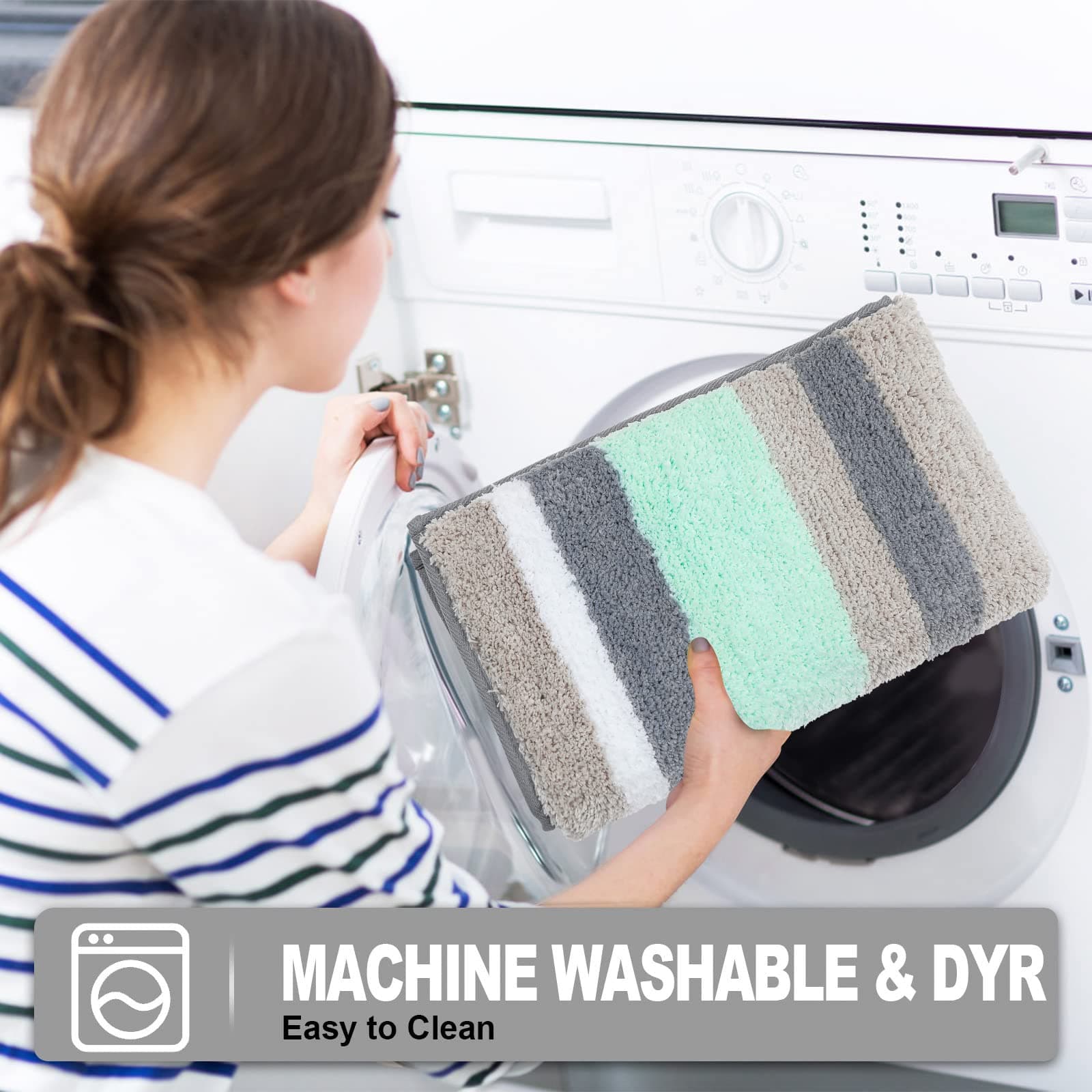 HEBE Non Slip Shag Microfiber Shower Bath Rug - Absorbent Bath Mat, Machine Washable for Bathroom Floor Carpet, 18"x26"