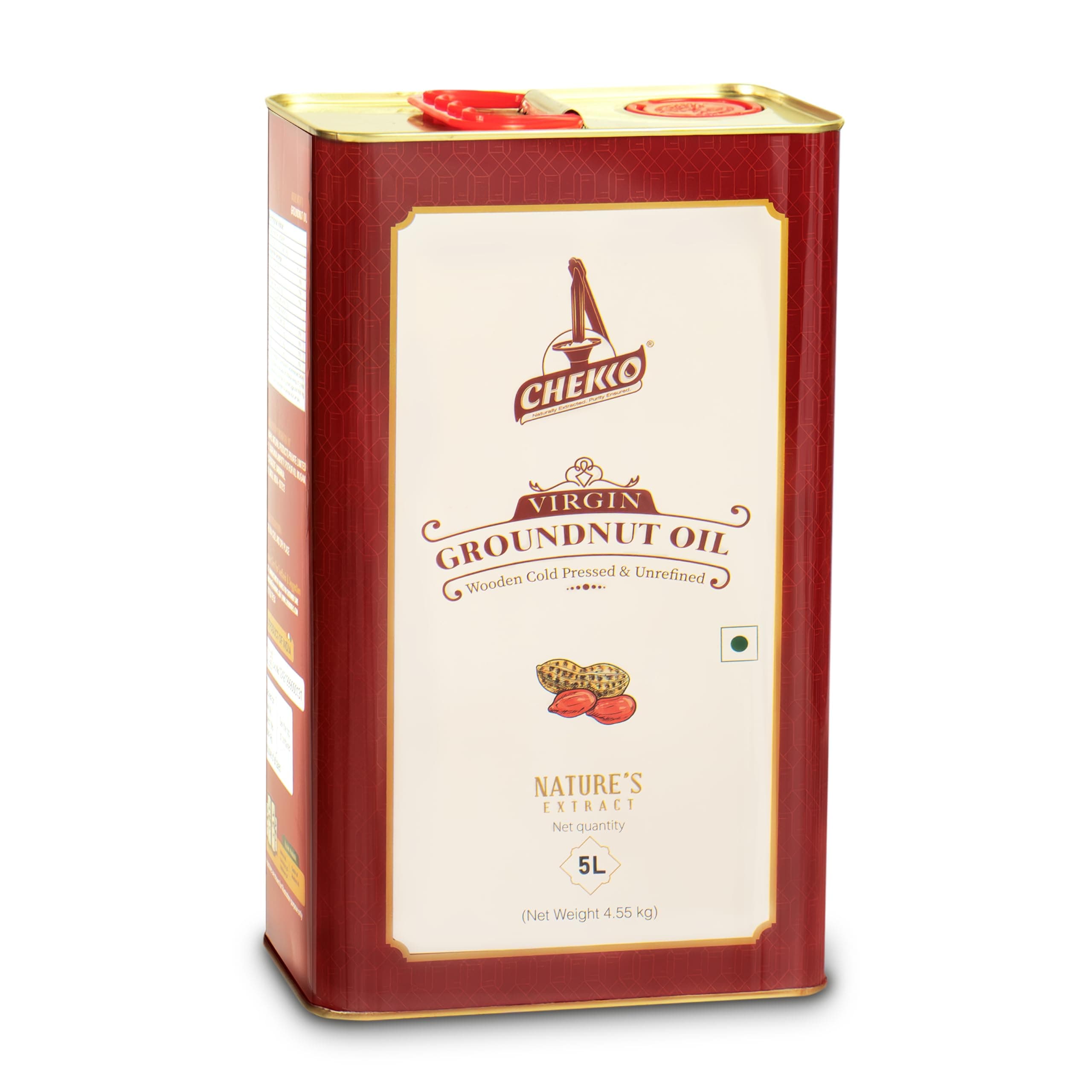 Cold Pressed Virgin 5L Groundnut / Peanut Oil | 100% Natural, Pure, Non GMO & Wood Pressed 169 FL.Oz for Cooking