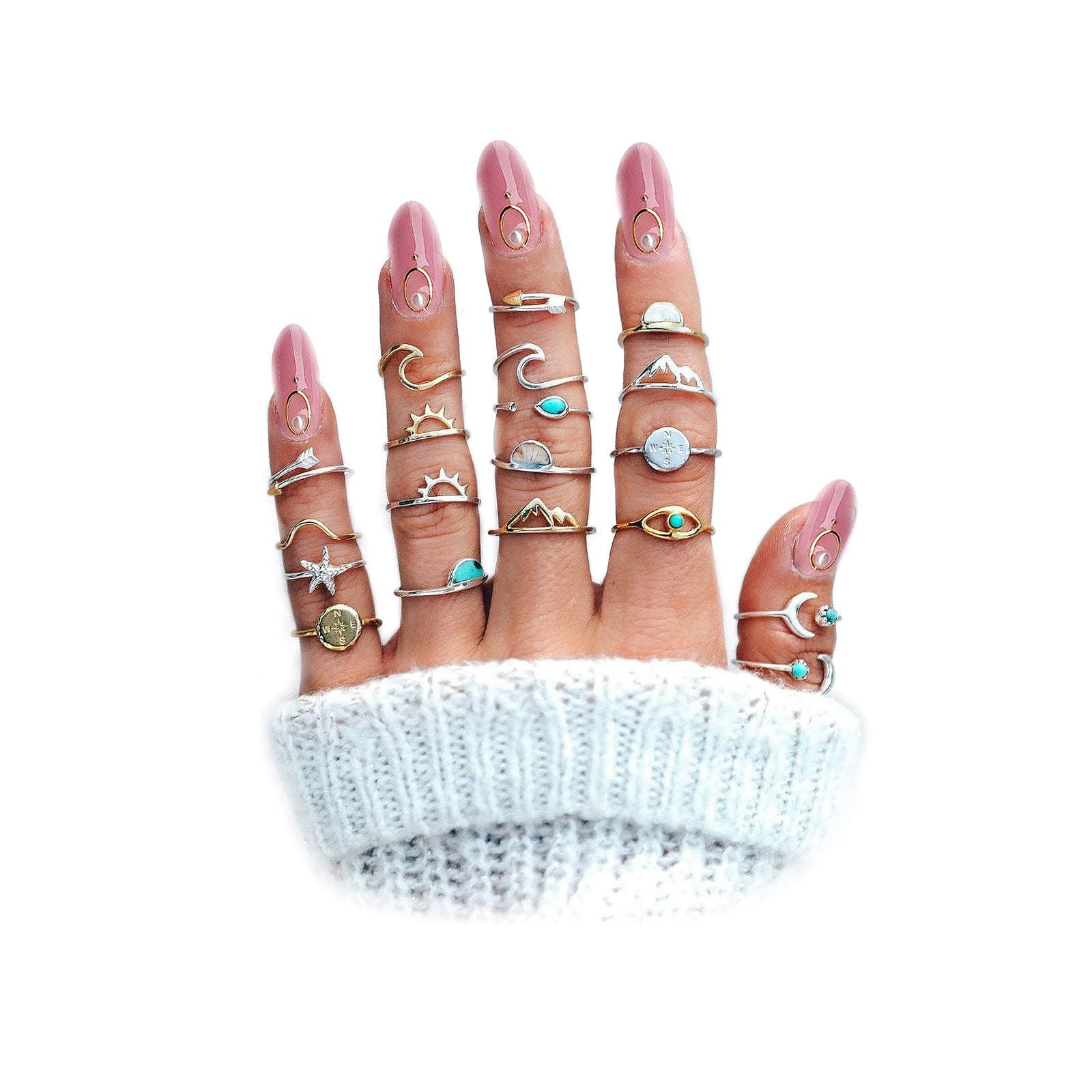 Boho Retro Stackable Rings Sets For Teen Girls Women,Peak Sea Wave Compass Turquoise Rhinestone Knuckle Joint Finger Kunckle Nail Ring Sets,Metal,Alloy, Metal, turquoise alloy