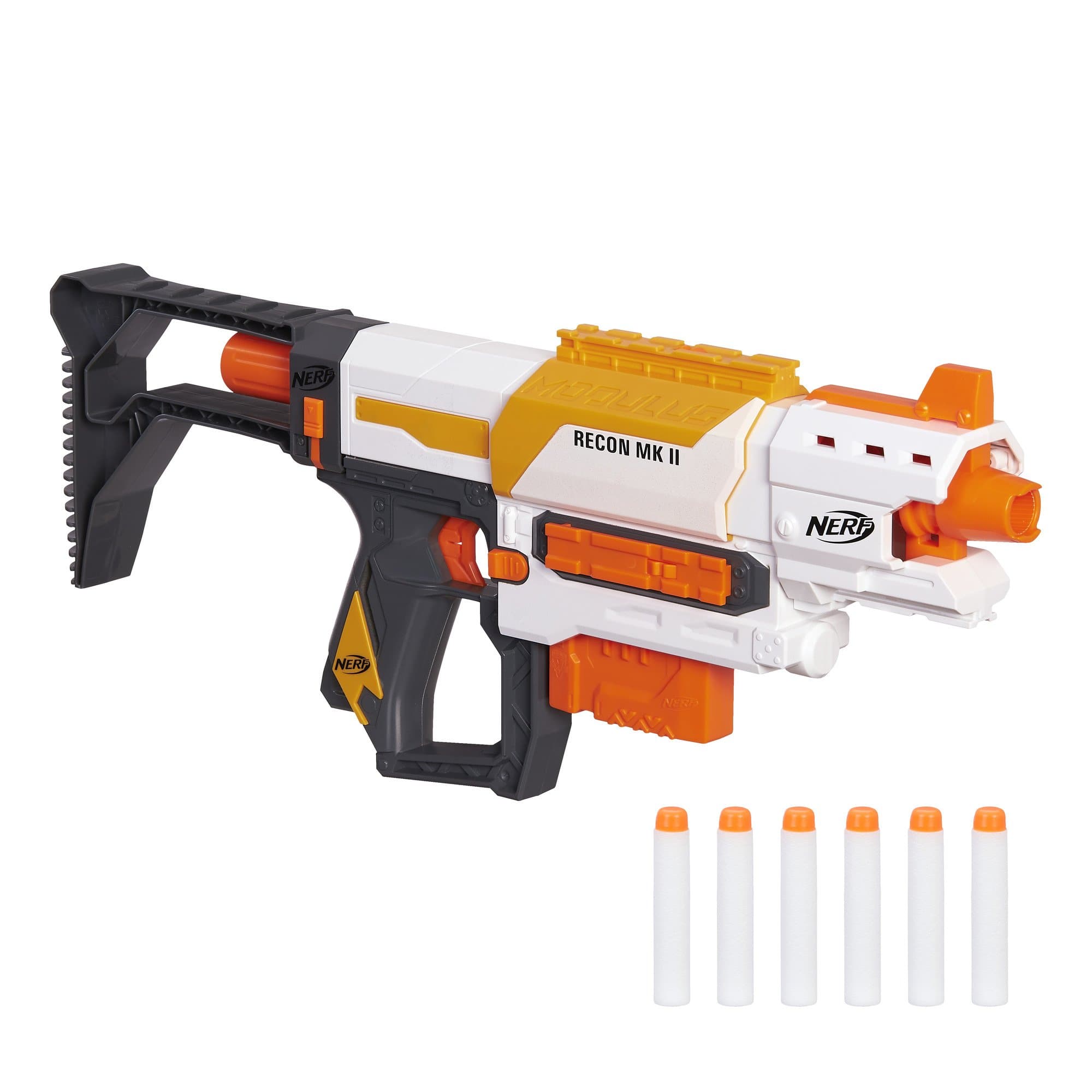 Nerf Modulus Recon MKII Blaster, with Customizing Stock and Barrel Extension, Includes 6-Dart Clip and 6 Official Elite Darts, For Kids Ages 8 And Up (B4616) Multicolor