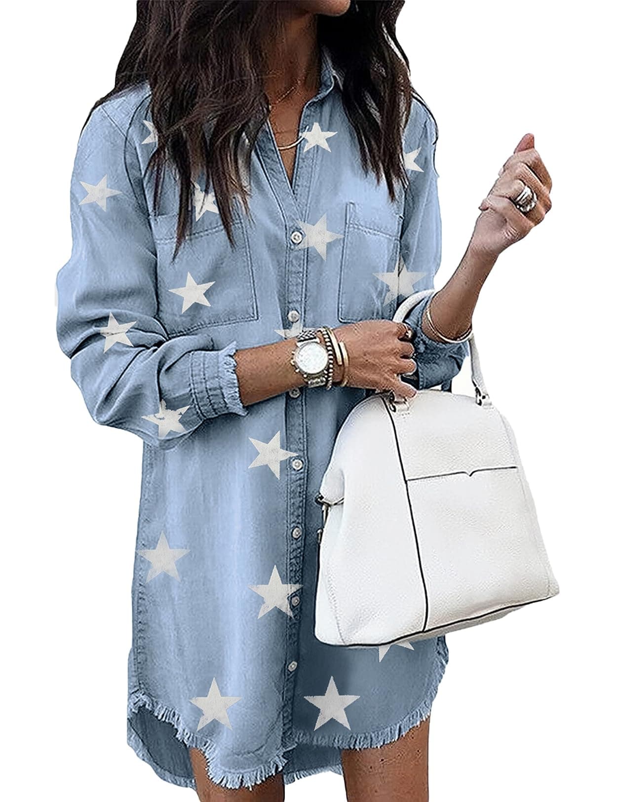 Zilcremo Women Denim Shirt Dresses Long Sleeve Distressed Jean Dress Button Down Casual Tunic Top