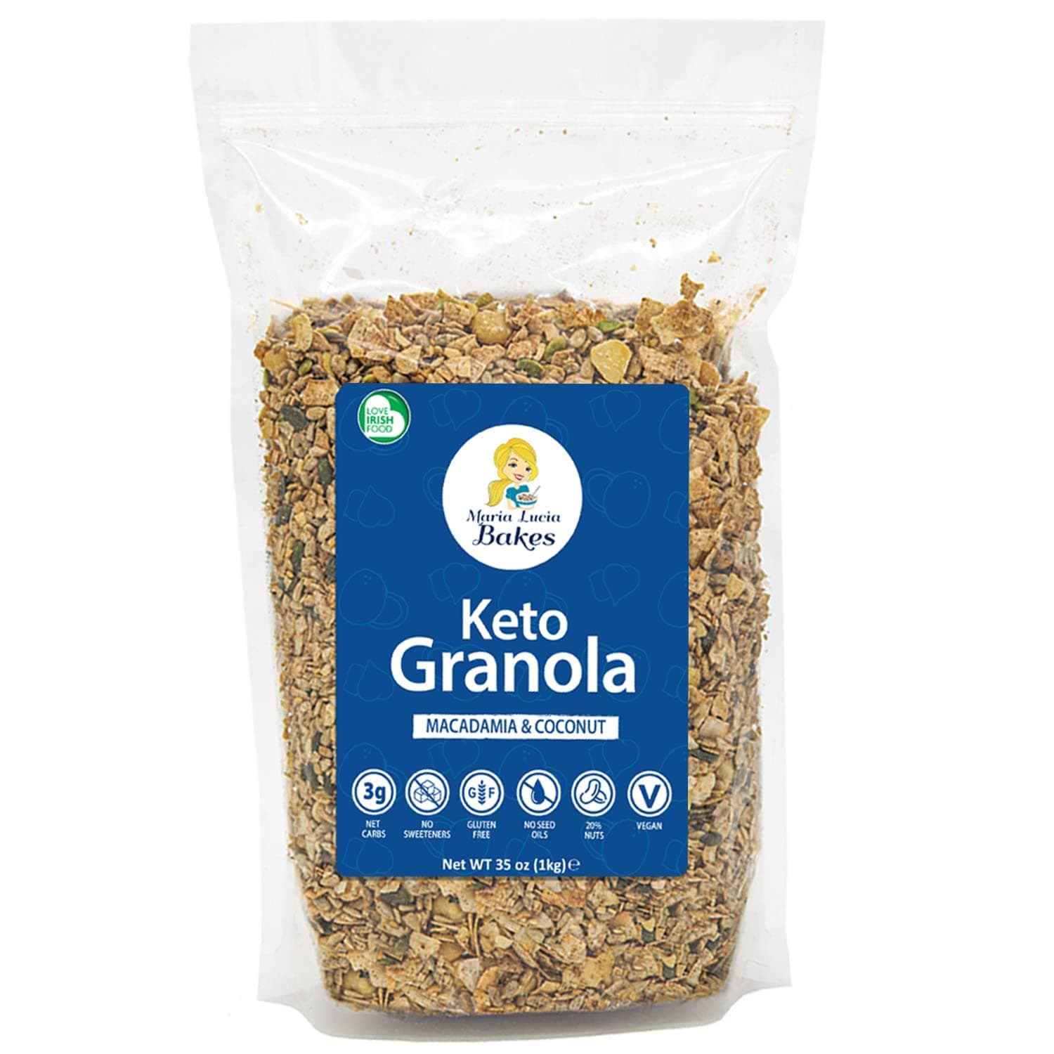 Maria Lucia's Keto Granola - Macadamia & Coconut - 1KG - High Protein, Low Carb Fuel, Gluten Free Muesli, Healthy & Natural Sugar Free Cereal Breakfast, Vegan & Wholesome Friendly Snacks
