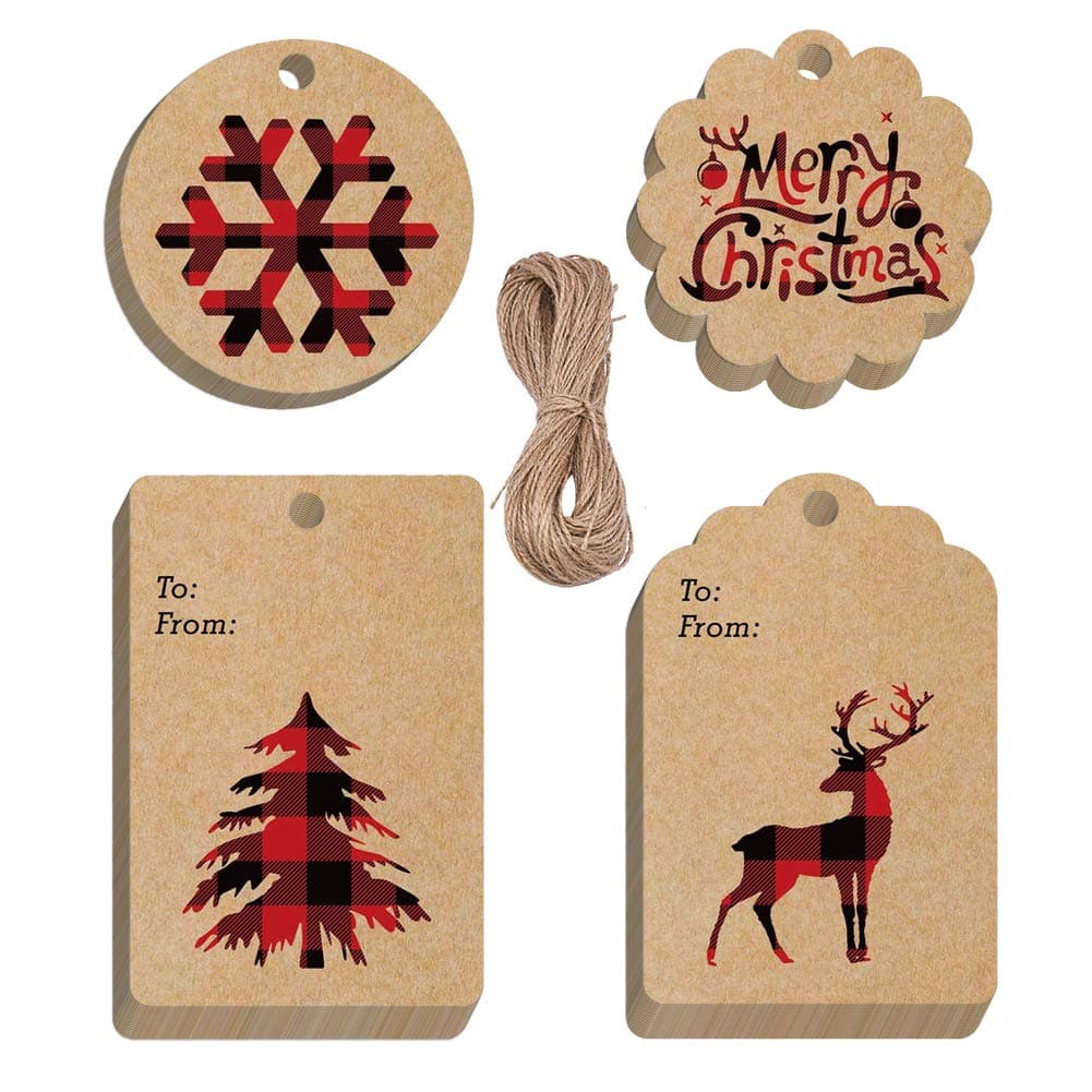 Christmas Kraft Paper Tags,200 Pack Brown Tags with 50m Jute Twine Gift Tags Hang Labels for Decor,Merry Chirstmas Tree Elk Snowflake Pattern Hanging Tag for Xmas Party Gift New Year