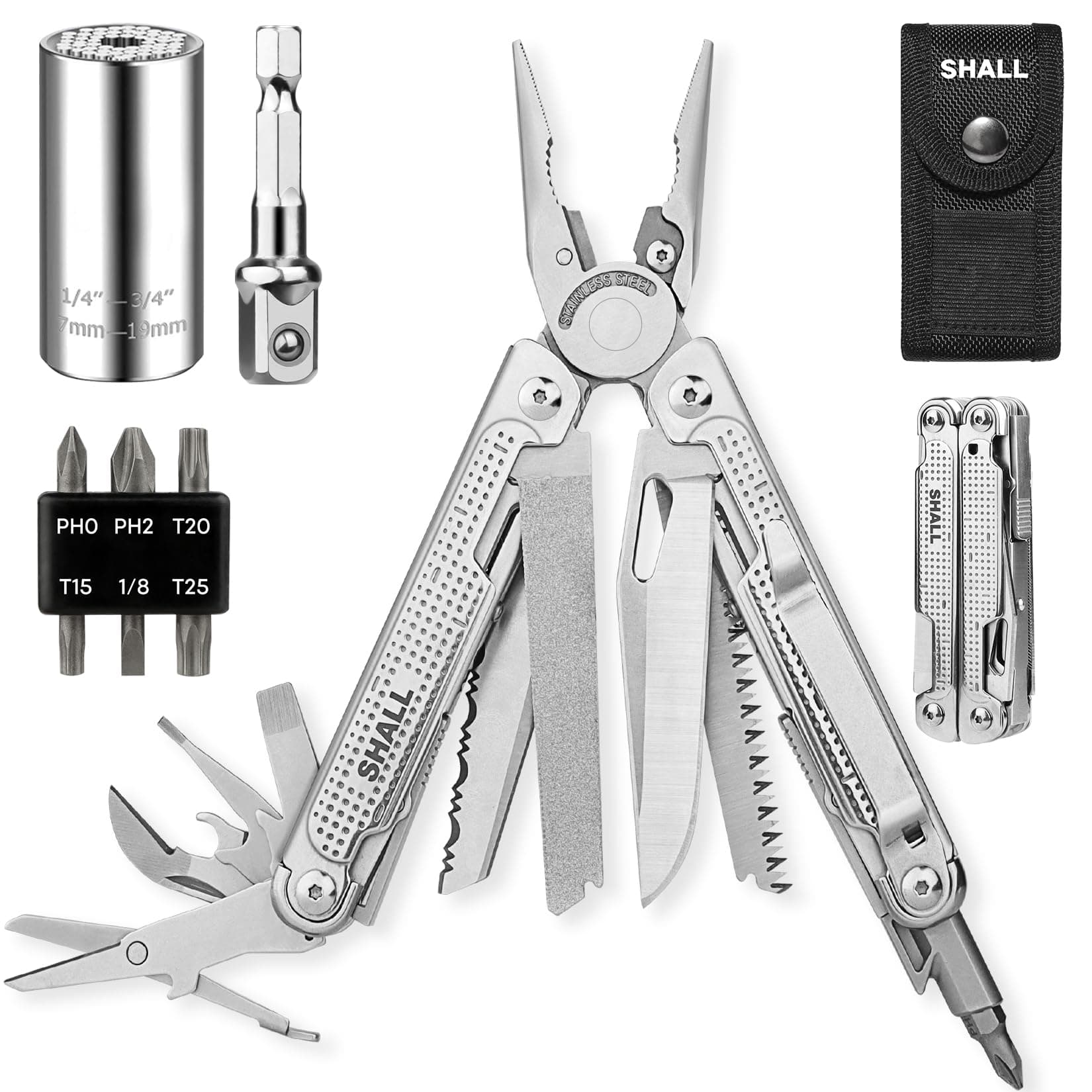 SHALL Multi Tool, 18-in-1 Multitool Pliers, Screwdriver Bit & Universal Socket, Self-Locking Multipurpose Tool w/Sheath for Camping Fishing Survival Hunting