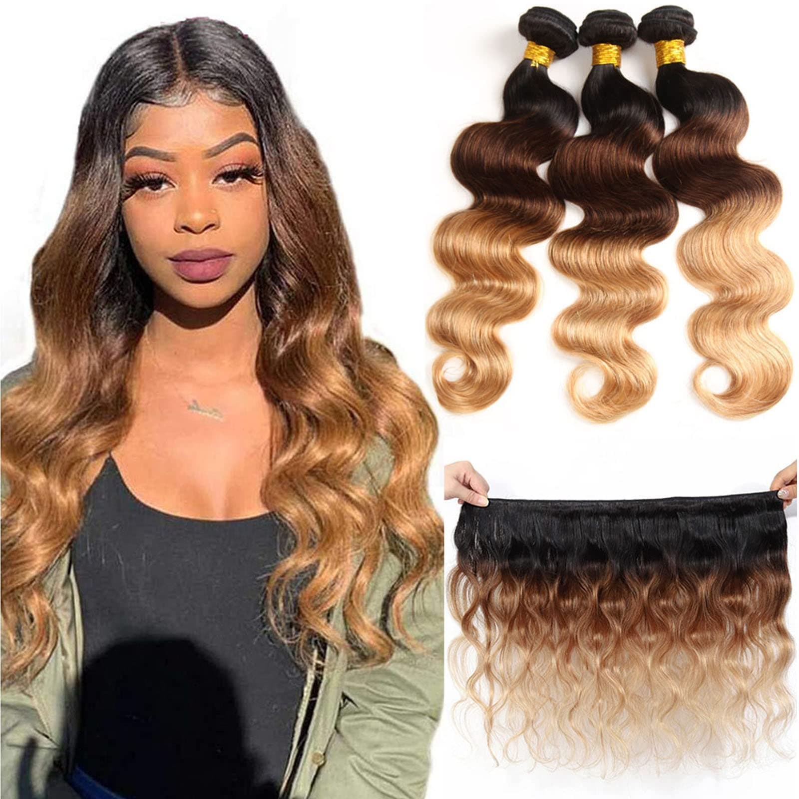 Sakula Ombre Body Wave 3 Tone Virgin Remy Human Hair Bundles with 1b-4-27 Color Brazilian Grade 8A Body Wave Hair 3 Bundles 18 20 22 Inch