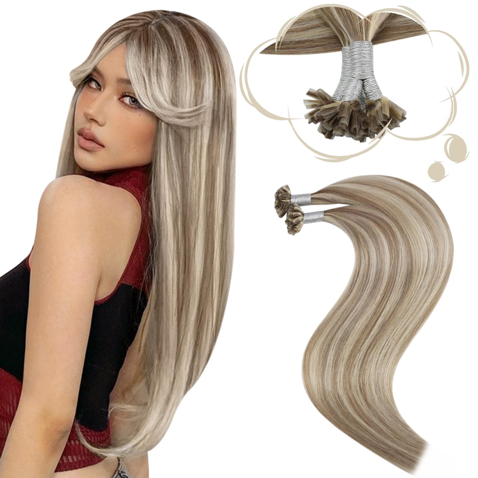 Moresoo Keratin U Tip Hair Extensions Nail Tips 20 Inch Pre Bonded U Tip Hair Extensions Human Hair 50 Strands Keratin Fushion Human Hair Extensions 100% Real Hair Utip Extensions 50 Gram Color 9Ap60