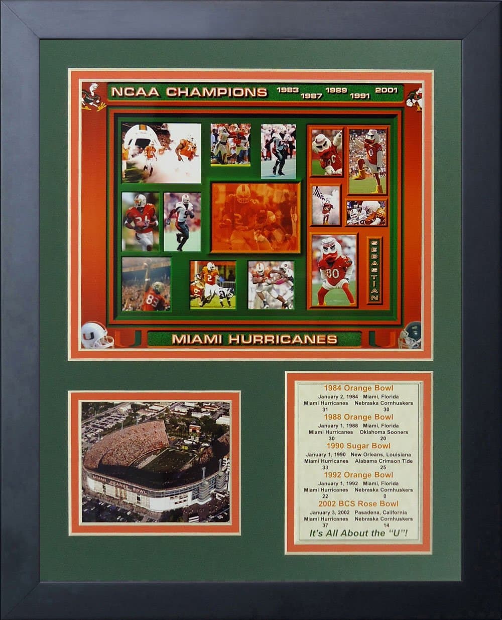 Legends Never Die Miami Hurricanes Five Time Champs Framed Photo Collage, 11 by 14-Inch, Black