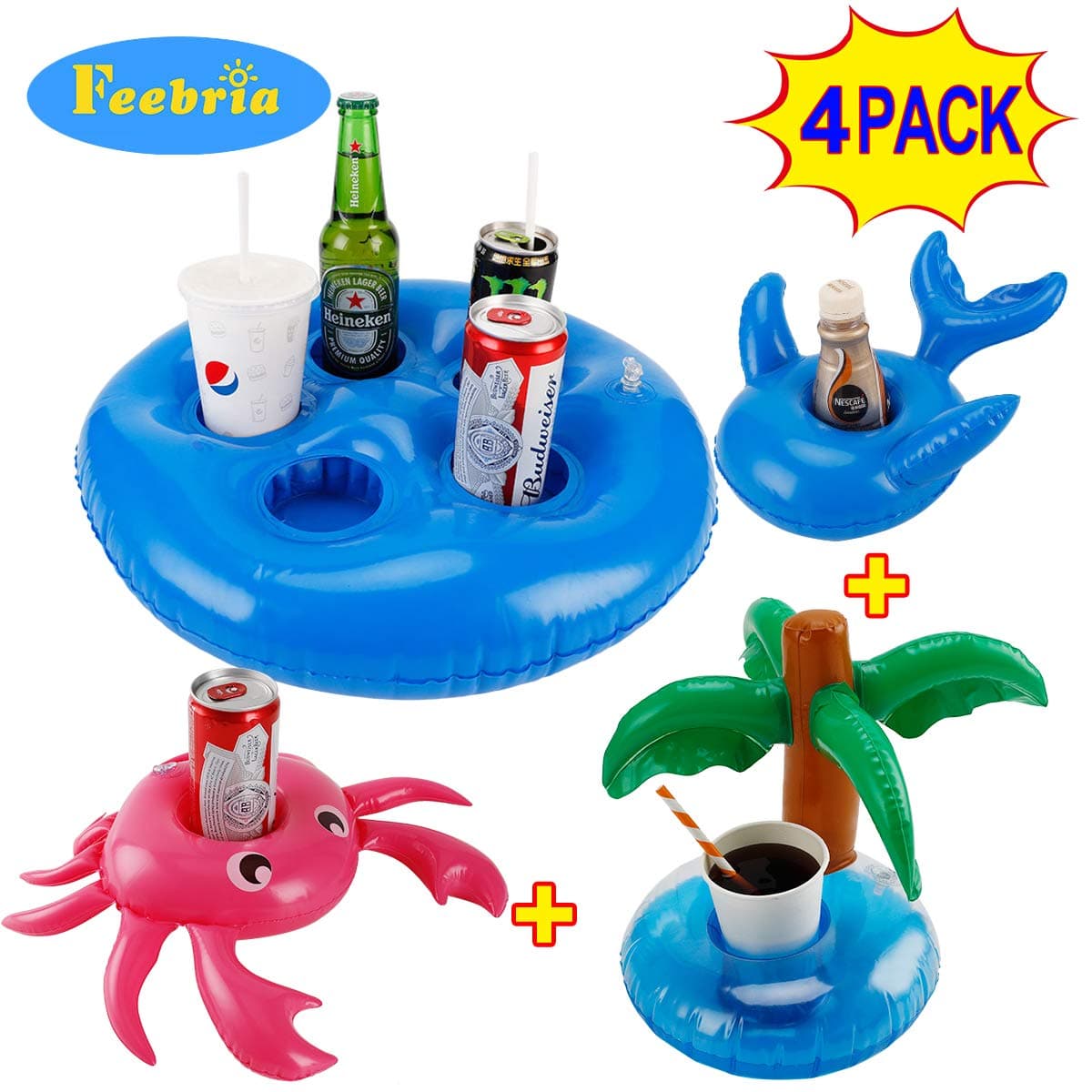 FEEBRIA Inflatable Blue Drink Holders for Pool, Hot Tub, Ocean & River, Cupholder Floaties to Float Your Beverages for Parties & Beach (4 Pack)